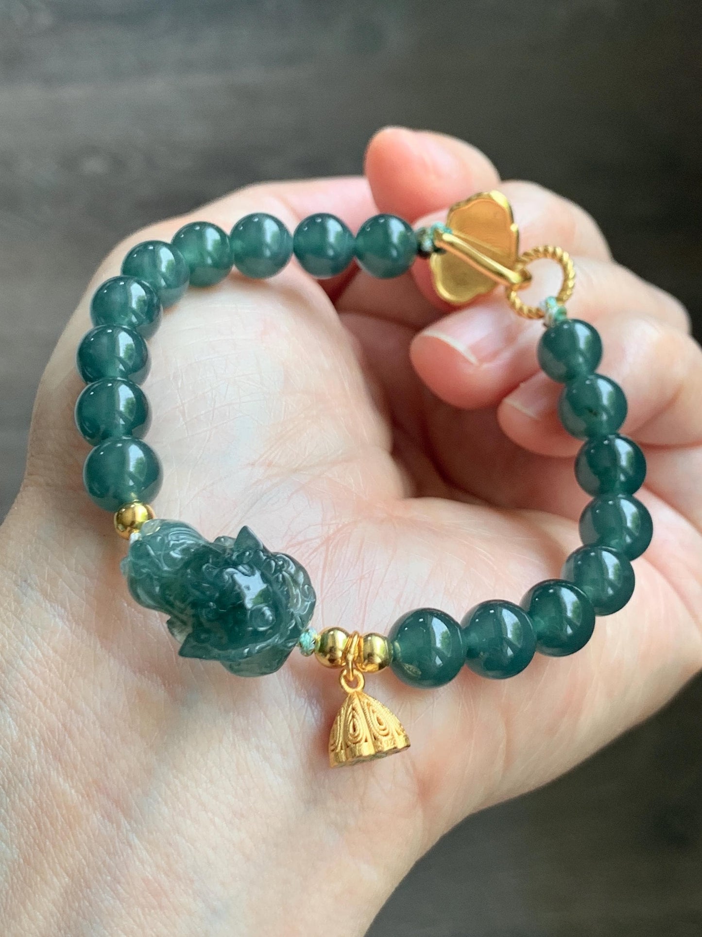 Natural Grade A Guatemalan Icy Translucent Dark Teal Green Jade Jadeite Dancing Lion Beaded Bracelet 7” Sterling Silver 天然冰危蓝绿翡翠摆烂醒狮手串WXS350