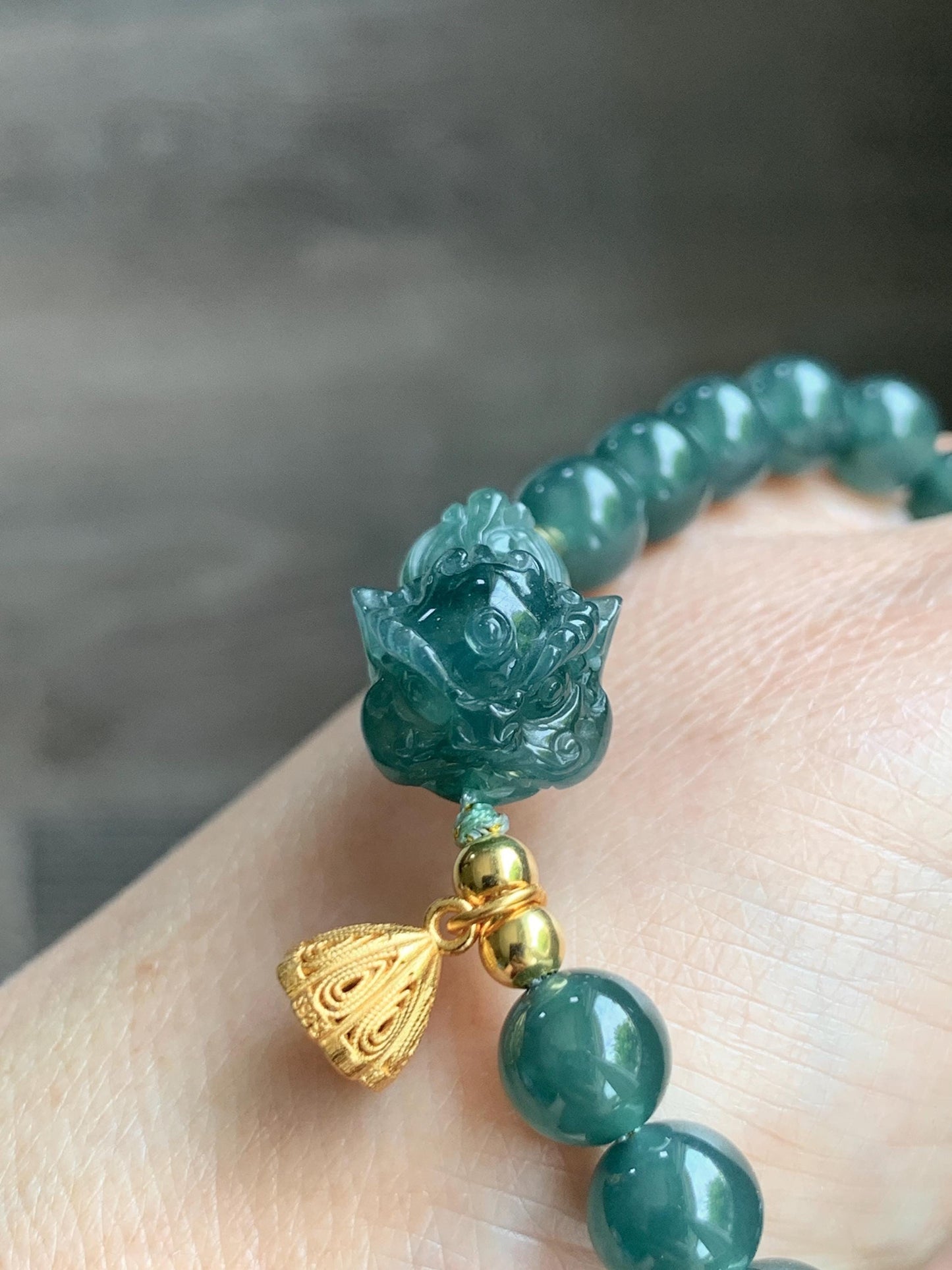 Natural Grade A Guatemalan Icy Translucent Dark Teal Green Jade Jadeite Dancing Lion Beaded Bracelet 7” Sterling Silver 天然冰危蓝绿翡翠摆烂醒狮手串WXS350