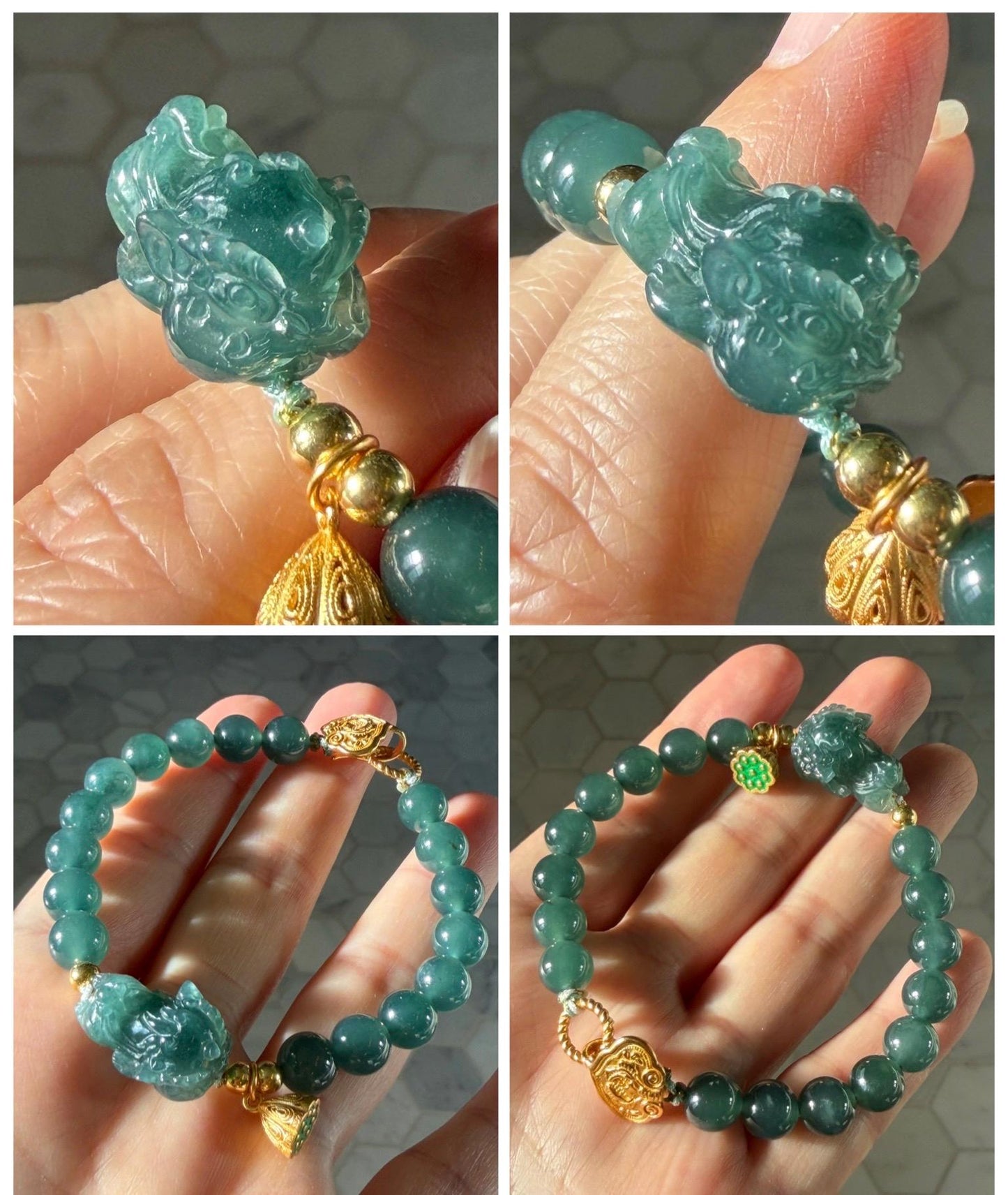 Natural Grade A Guatemalan Icy Translucent Dark Teal Green Jade Jadeite Dancing Lion Beaded Bracelet 7” Sterling Silver 天然冰危蓝绿翡翠摆烂醒狮手串WXS350