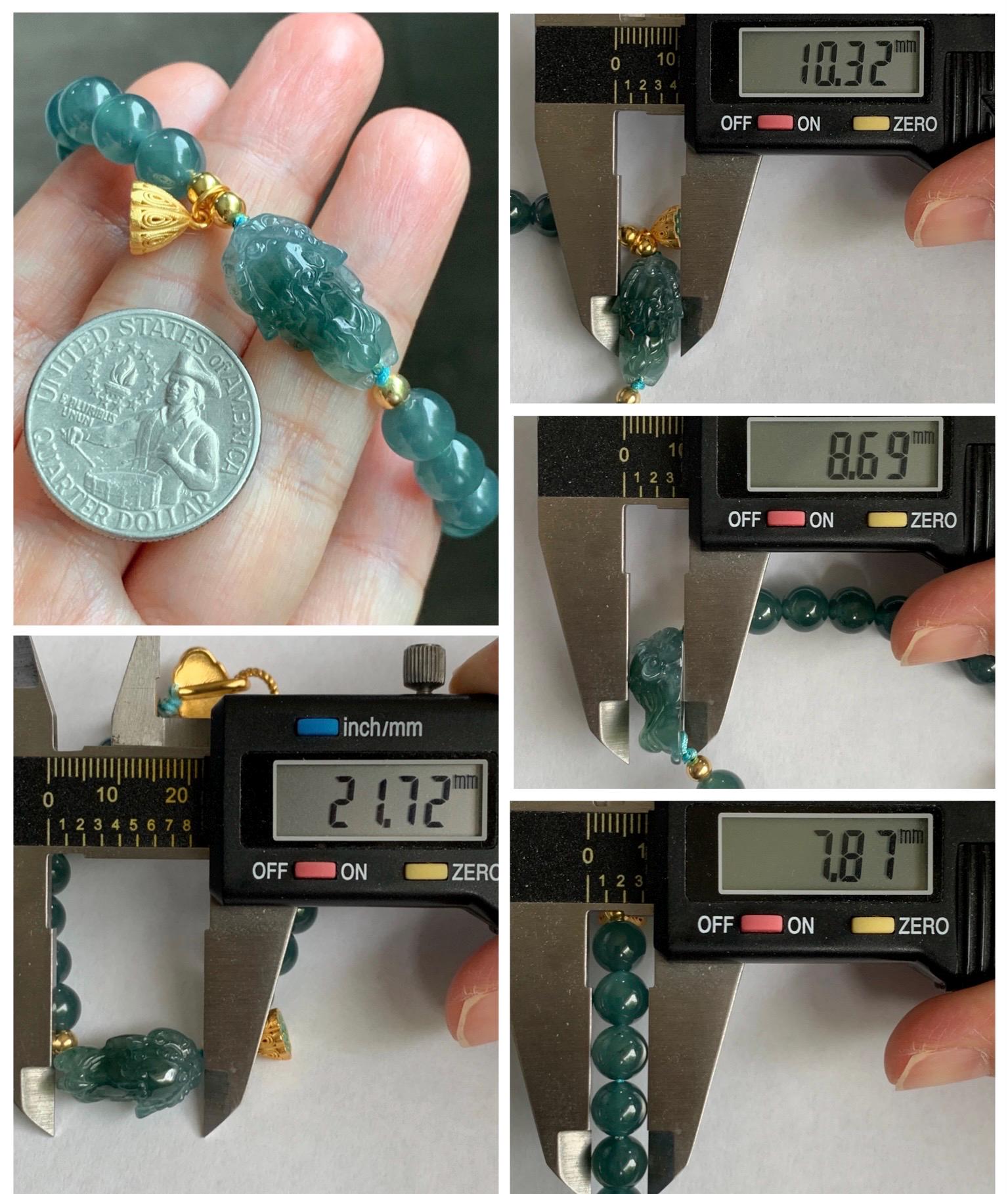 Natural Grade A Guatemalan Icy Translucent Teal Blue Jade Jadeite Dancing Lion Beaded Bracelet 6.5” Sterling Silver 天然冰危蓝绿翡翠摆烂醒狮手串WXX350