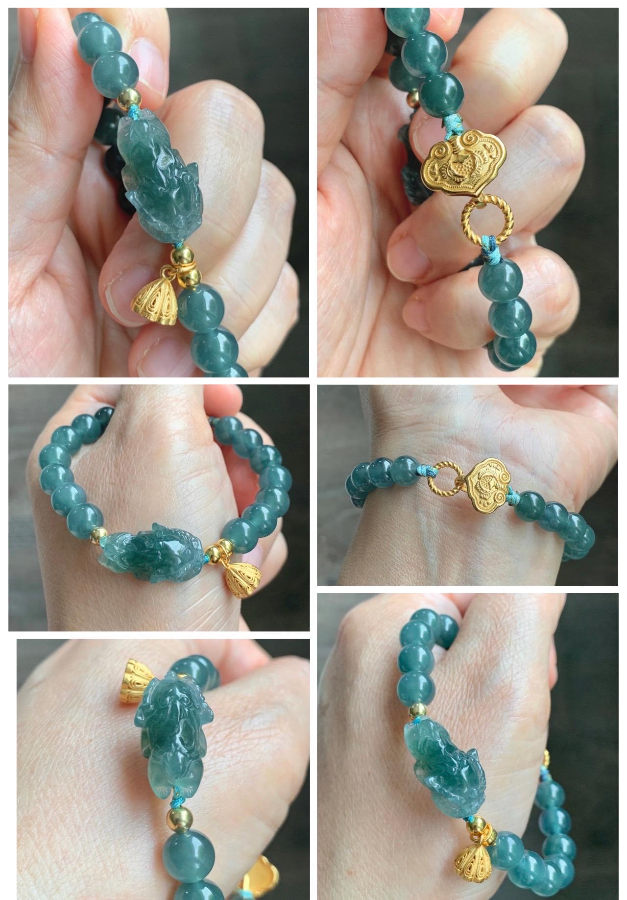 Natural Grade A Guatemalan Icy Translucent Teal Blue Jade Jadeite Dancing Lion Beaded Bracelet 6.5” Sterling Silver 天然冰危蓝绿翡翠摆烂醒狮手串WXX350
