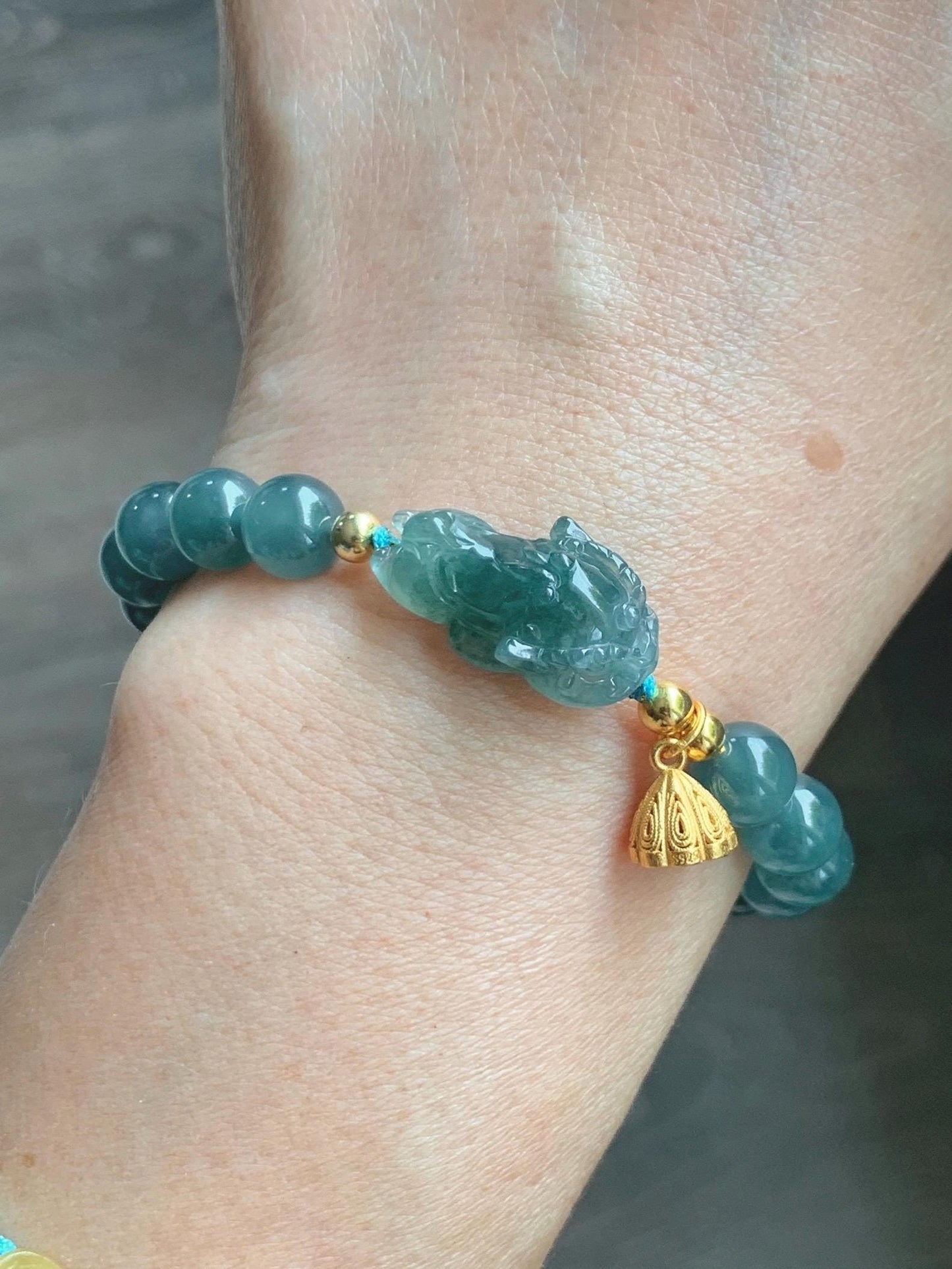 Natural Grade A Guatemalan Icy Translucent Teal Blue Jade Jadeite Dancing Lion Beaded Bracelet 6.5” Sterling Silver 天然冰危蓝绿翡翠摆烂醒狮手串WXX350