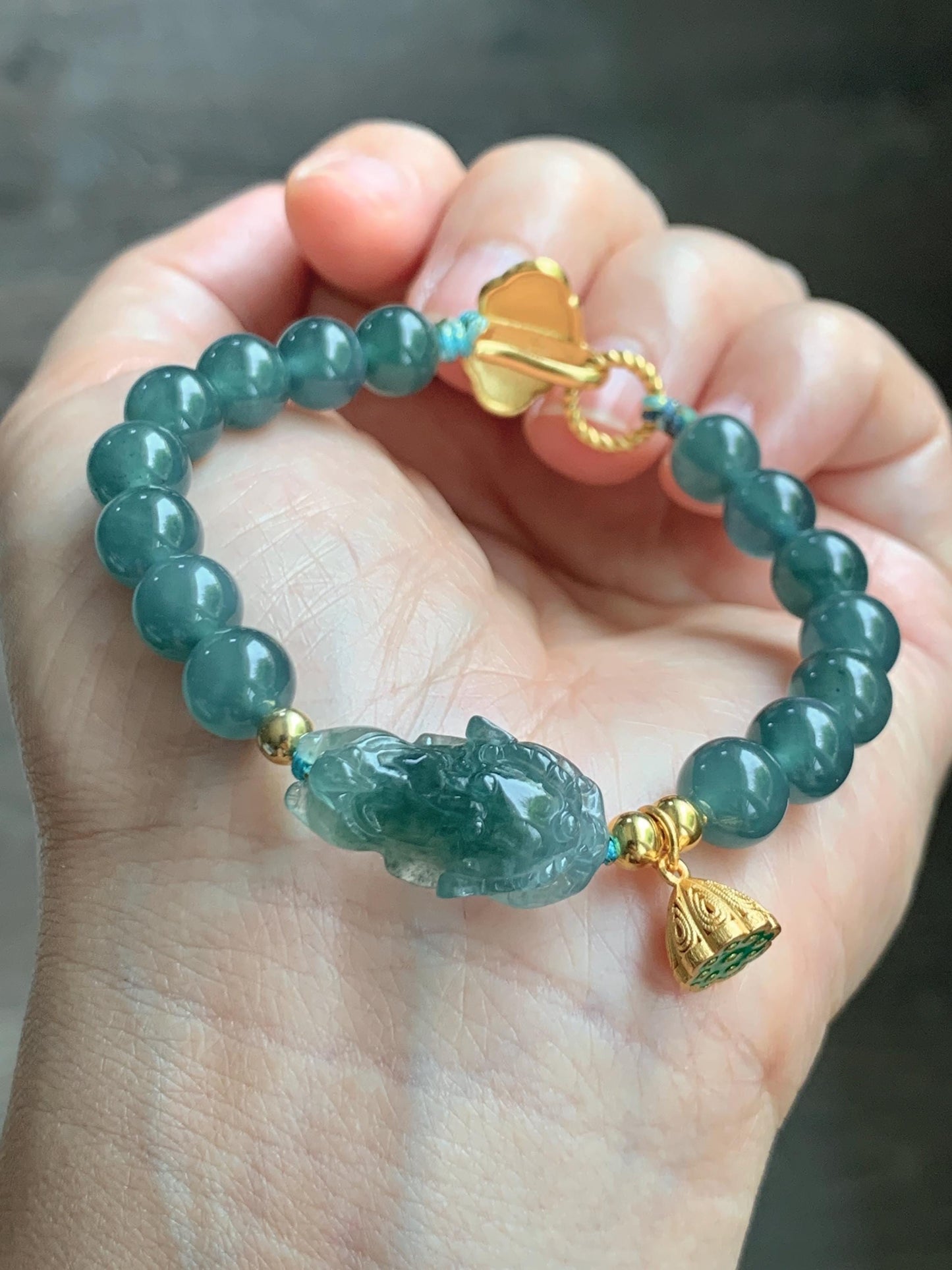 Natural Grade A Guatemalan Icy Translucent Teal Blue Jade Jadeite Dancing Lion Beaded Bracelet 6.5” Sterling Silver 天然冰危蓝绿翡翠摆烂醒狮手串WXX350