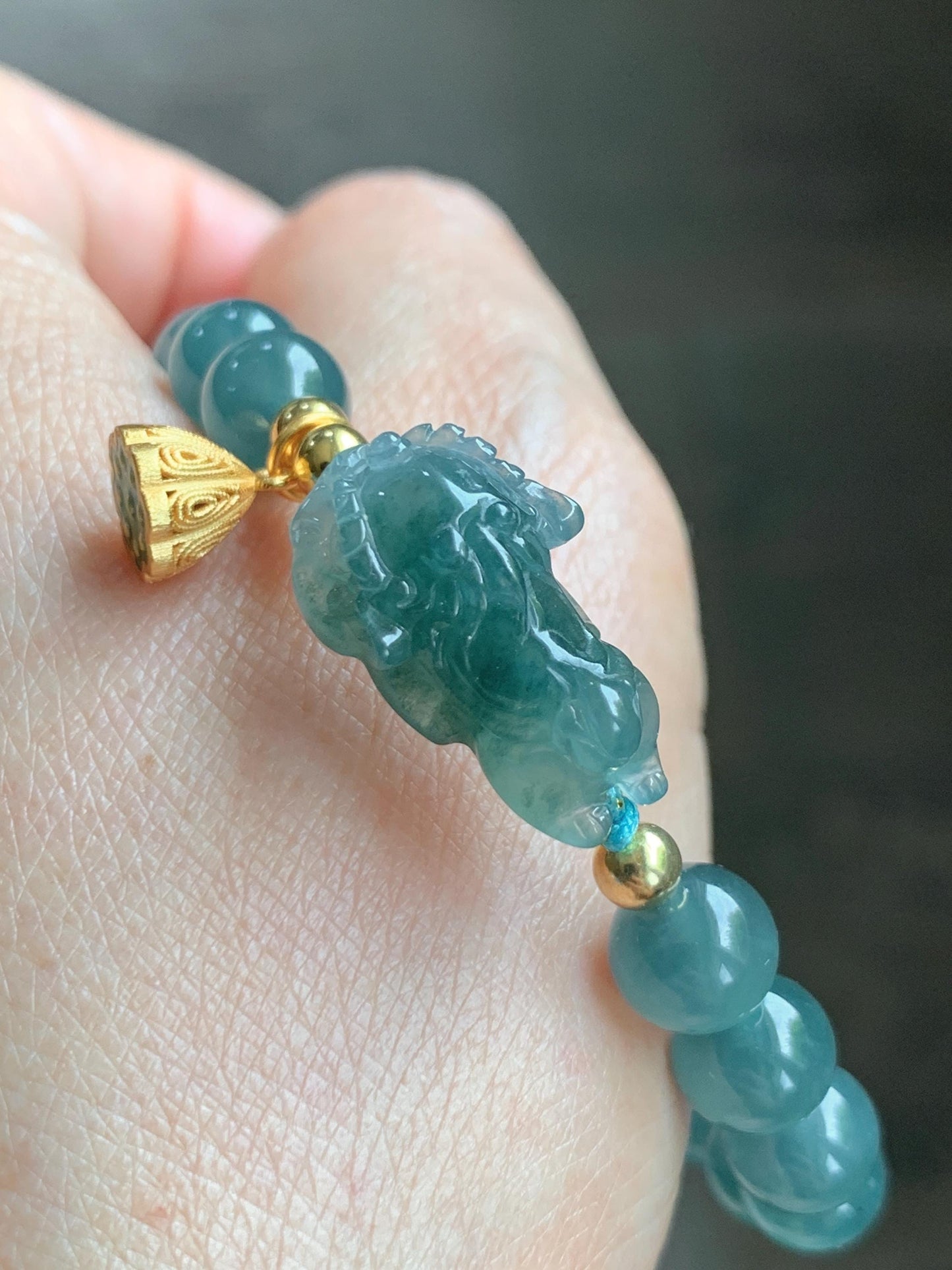 Natural Grade A Guatemalan Icy Translucent Teal Blue Jade Jadeite Dancing Lion Beaded Bracelet 6.5” Sterling Silver 天然冰危蓝绿翡翠摆烂醒狮手串WXX350