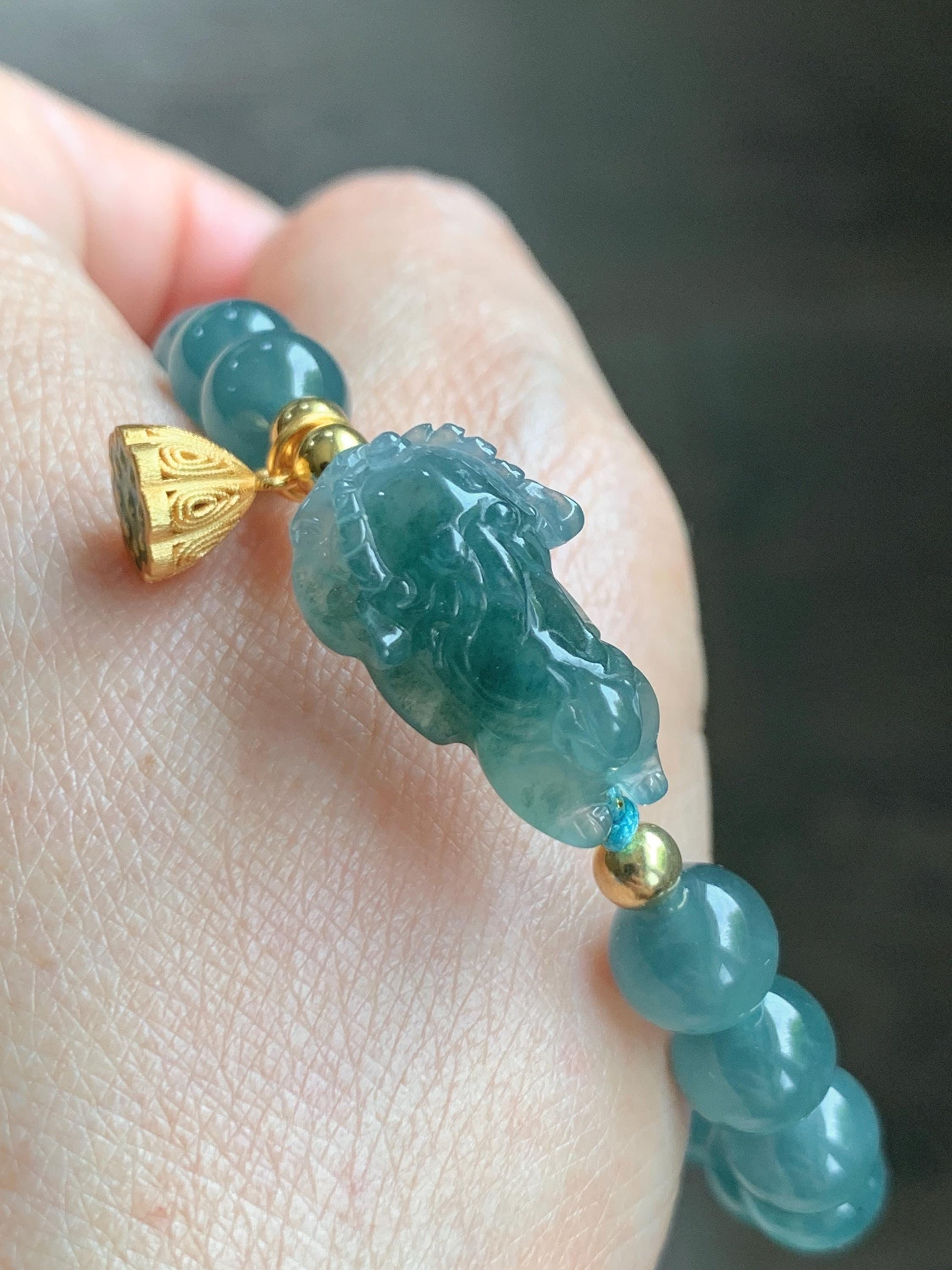 Natural Grade A Guatemalan Icy Translucent Teal Blue Jade Jadeite Dancing Lion Beaded Bracelet 6.5” Sterling Silver 天然冰危蓝绿翡翠摆烂醒狮手串WXX350