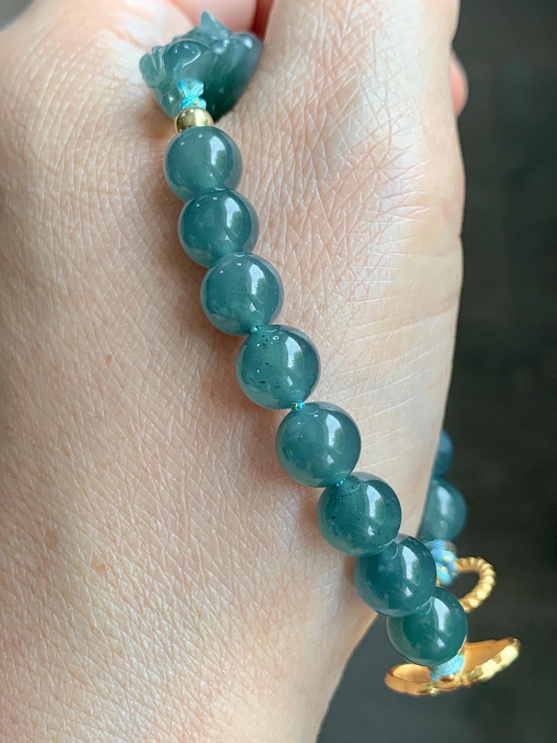 Natural Grade A Guatemalan Icy Translucent Teal Blue Jade Jadeite Dancing Lion Beaded Bracelet 6.5” Sterling Silver 天然冰危蓝绿翡翠摆烂醒狮手串WXX350