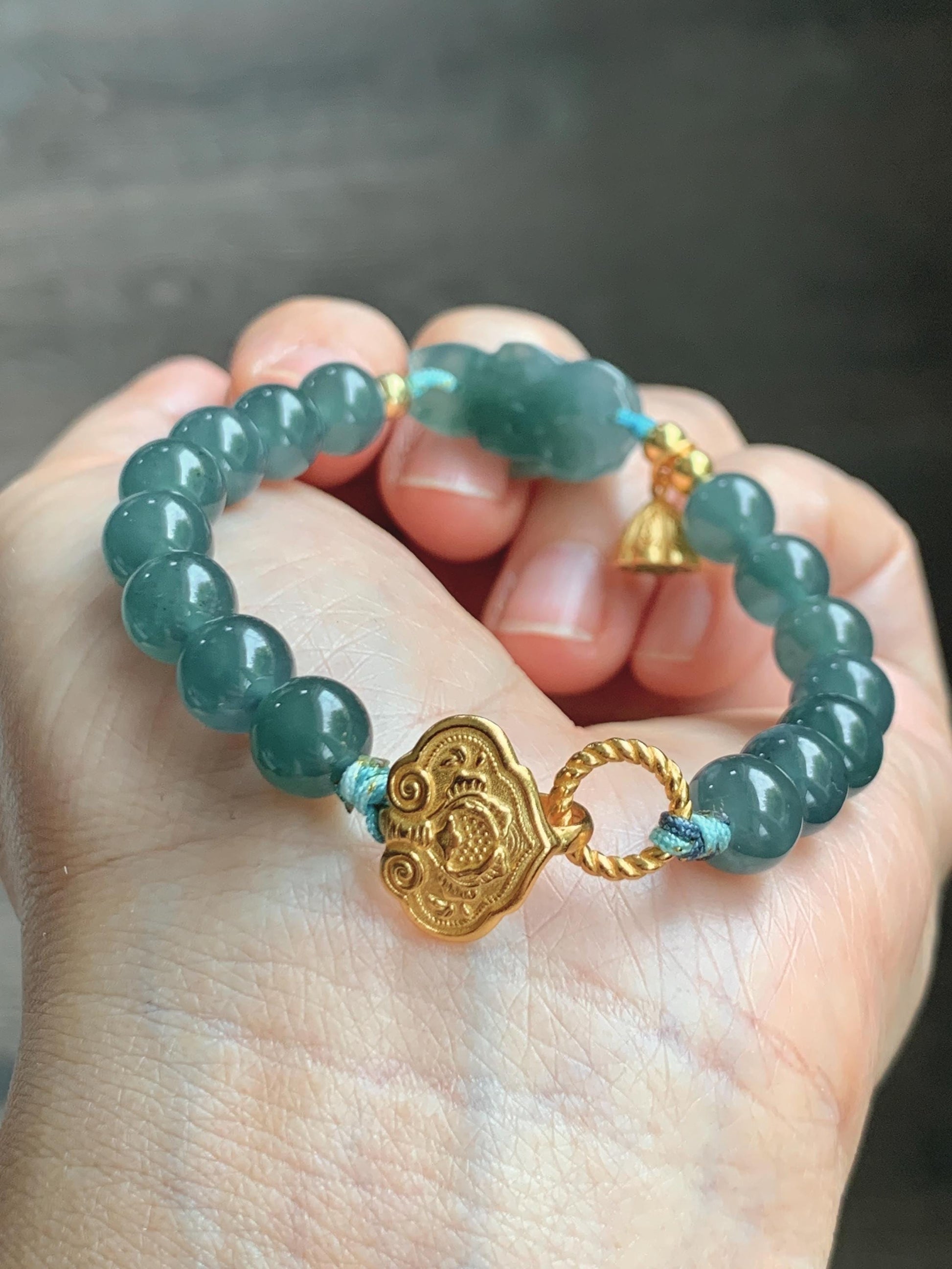 Natural Grade A Guatemalan Icy Translucent Teal Blue Jade Jadeite Dancing Lion Beaded Bracelet 6.5” Sterling Silver 天然冰危蓝绿翡翠摆烂醒狮手串WXX350