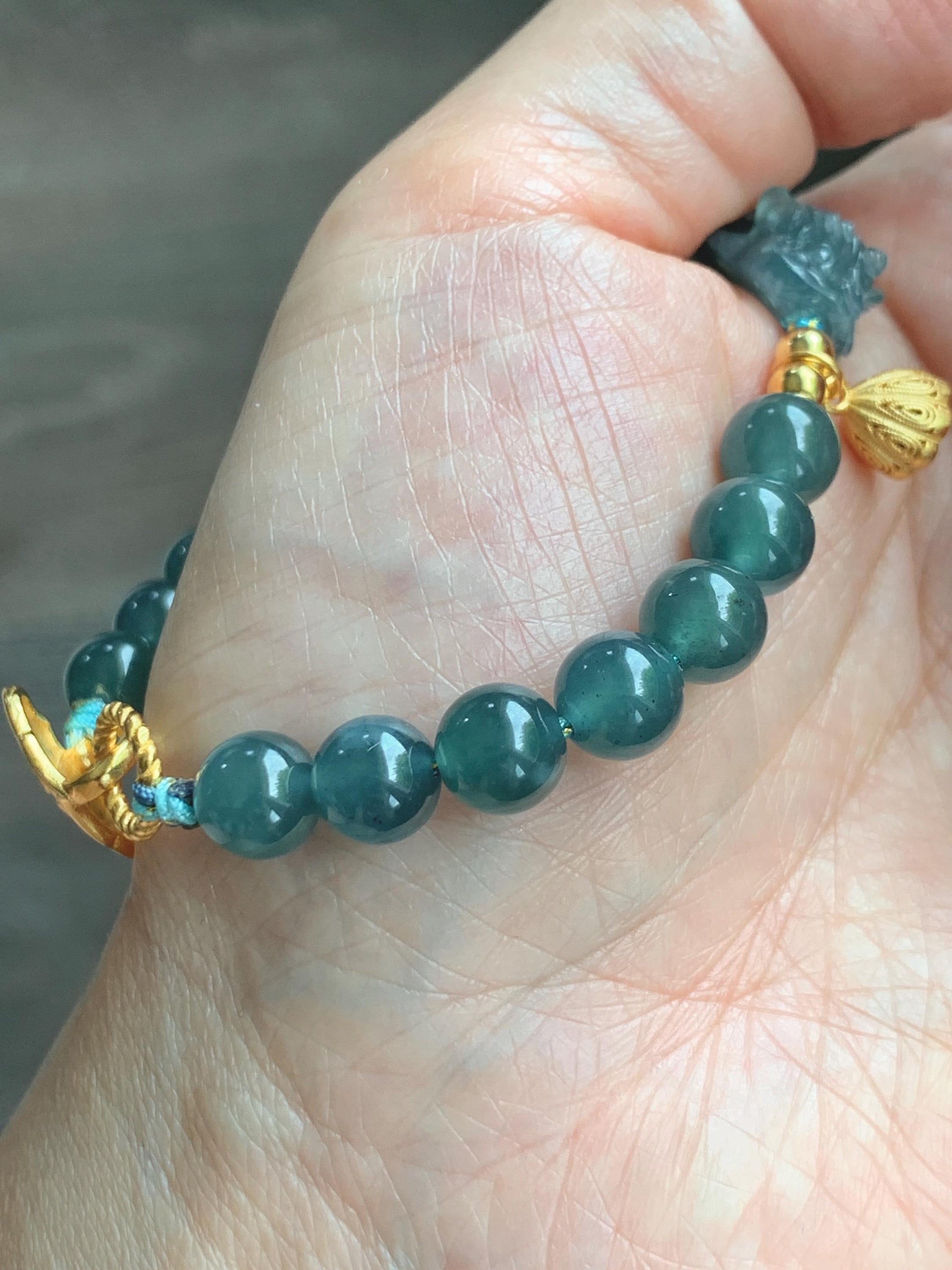 Natural Grade A Guatemalan Icy Translucent Teal Blue Jade Jadeite Dancing Lion Beaded Bracelet 6.5” Sterling Silver 天然冰危蓝绿翡翠摆烂醒狮手串WXX350