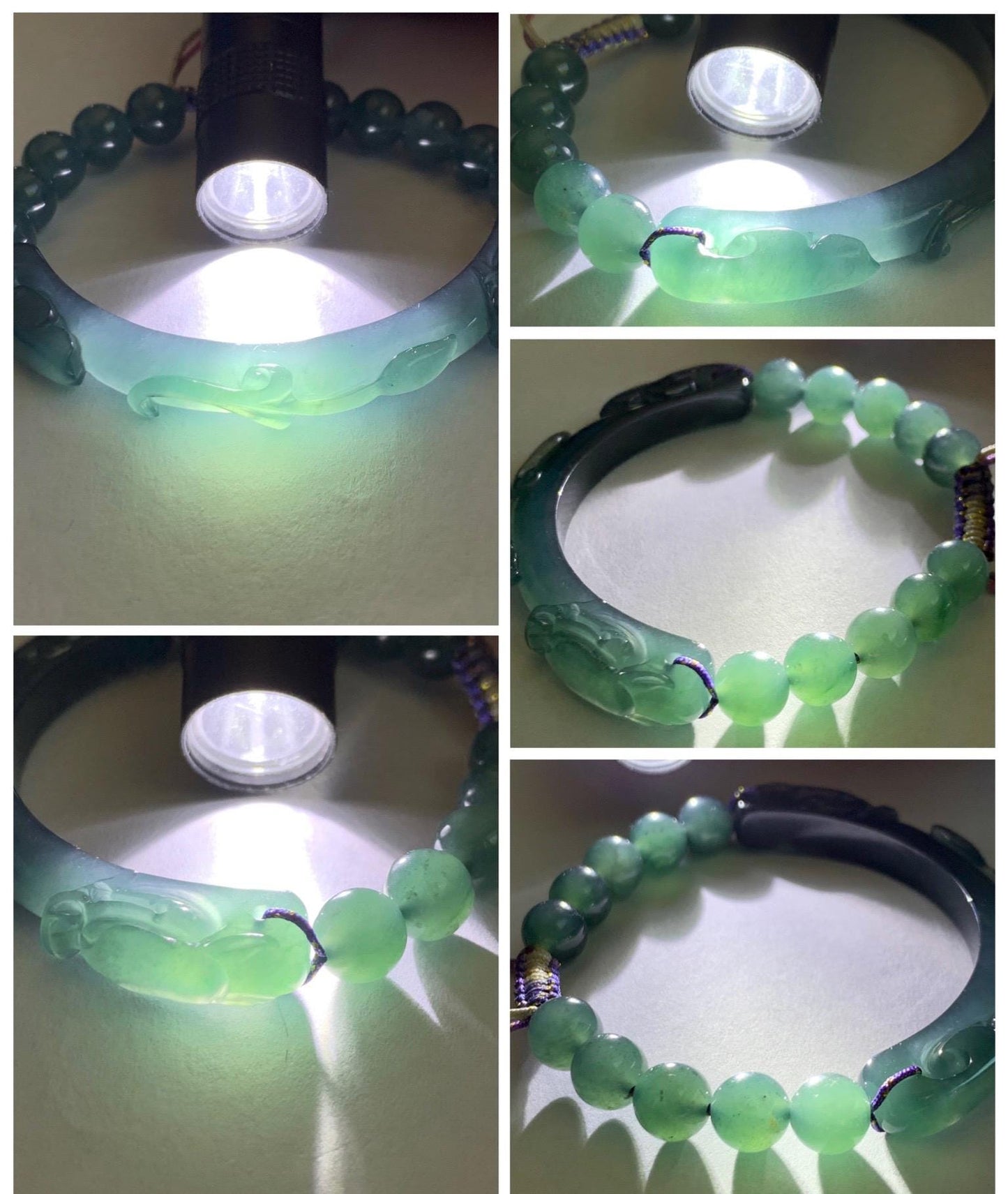 Natural Grade A Guatemalan Icy Translucent Dark Teal Blue Jade Jadeite Dragon Hook Cuff Beaded Bracelet 6.5”-6.75" 21g 天然冰危蓝绿龙钩手牌手串 WLG236A