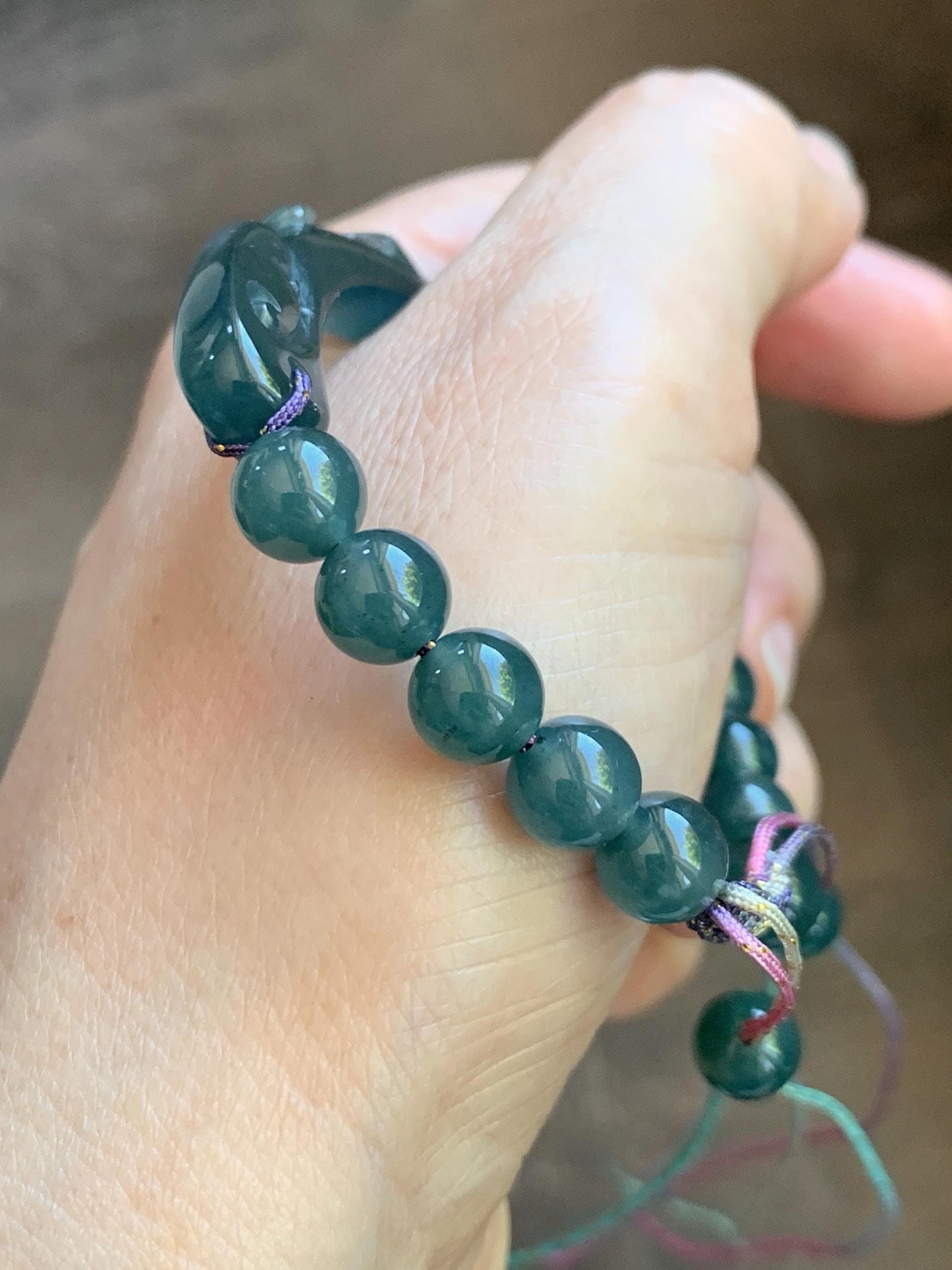 Natural Grade A Guatemalan Icy Translucent Dark Teal Blue Jade Jadeite Dragon Hook Cuff Beaded Bracelet 6.5”-6.75" 21g 天然冰危蓝绿龙钩手牌手串 WLG236A