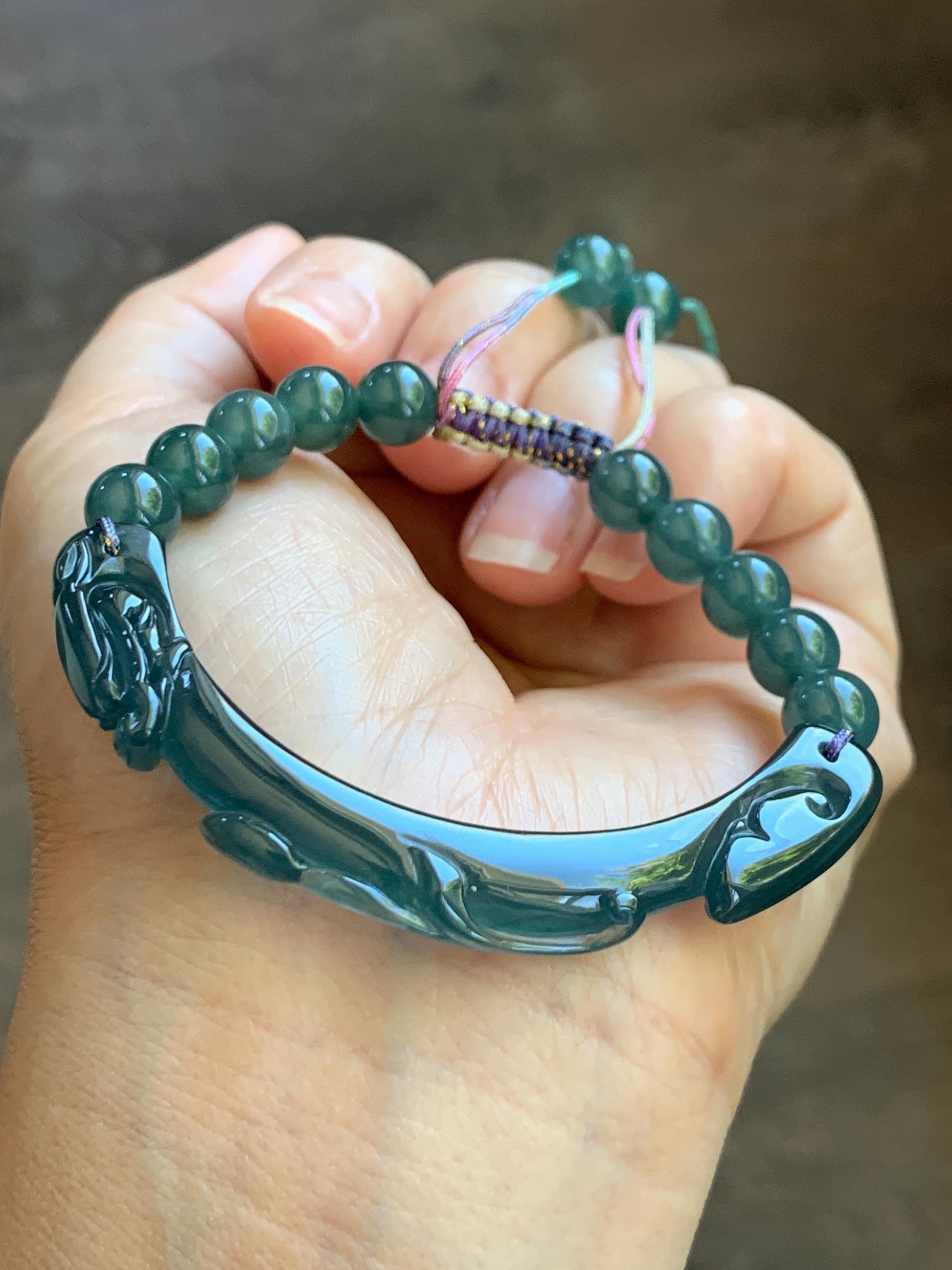 Natural Grade A Guatemalan Icy Translucent Dark Teal Blue Jade Jadeite Dragon Hook Cuff Beaded Bracelet 6.5”-6.75" 21g 天然冰危蓝绿龙钩手牌手串 WLG236A