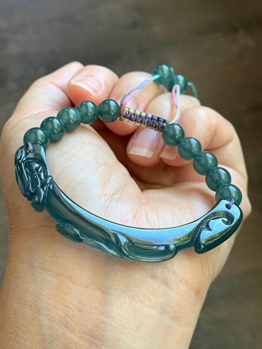 Natural Grade A Guatemalan Icy Translucent Dark Teal Blue Jade Jadeite Dragon Hook Cuff Beaded Bracelet 6.5”-6.75" 21g 天然冰危蓝绿龙钩手牌手串 WLG236A