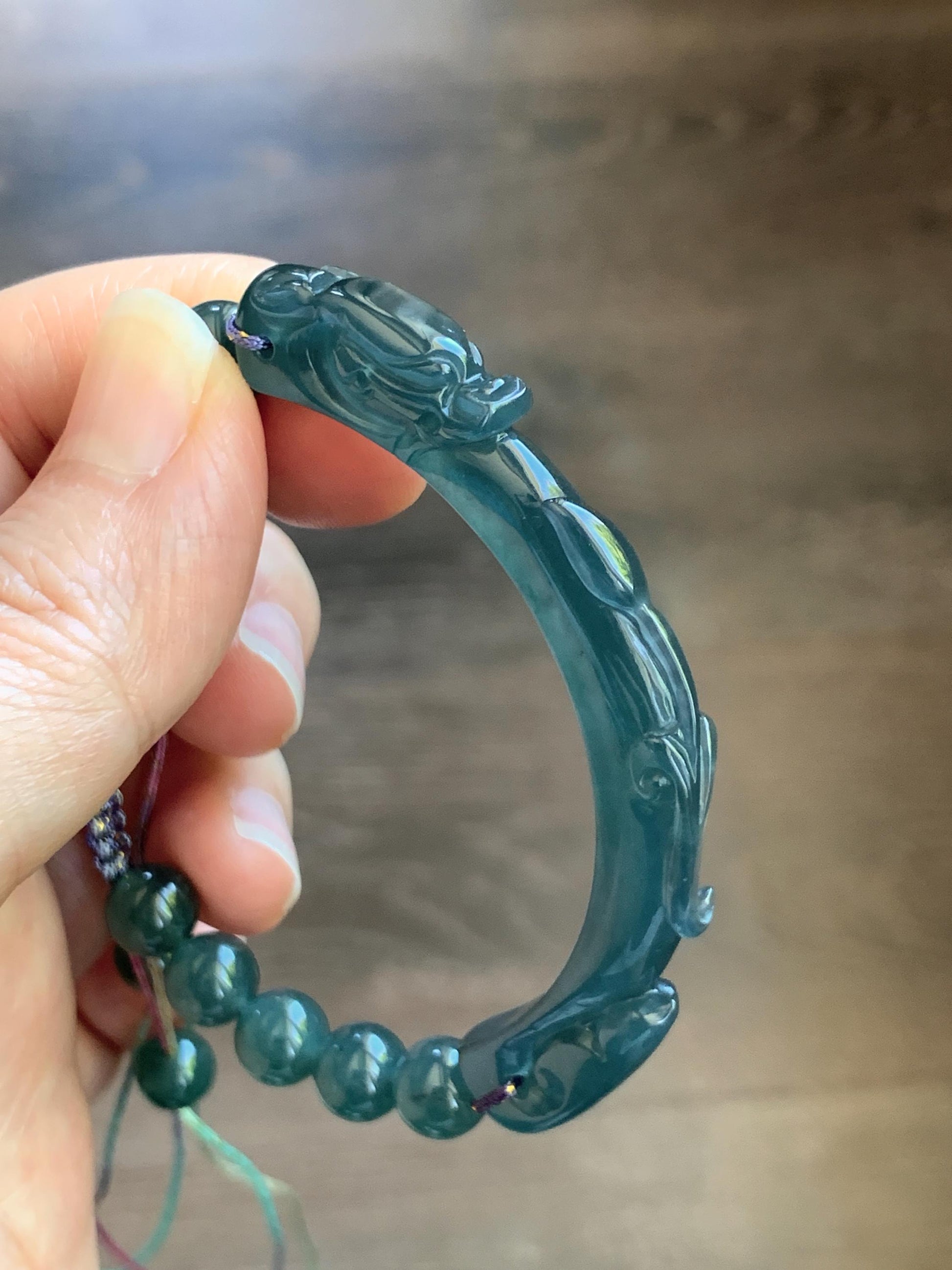 Natural Grade A Guatemalan Icy Translucent Dark Teal Blue Jade Jadeite Dragon Hook Cuff Beaded Bracelet 6.5”-6.75" 21g 天然冰危蓝绿龙钩手牌手串 WLG236A