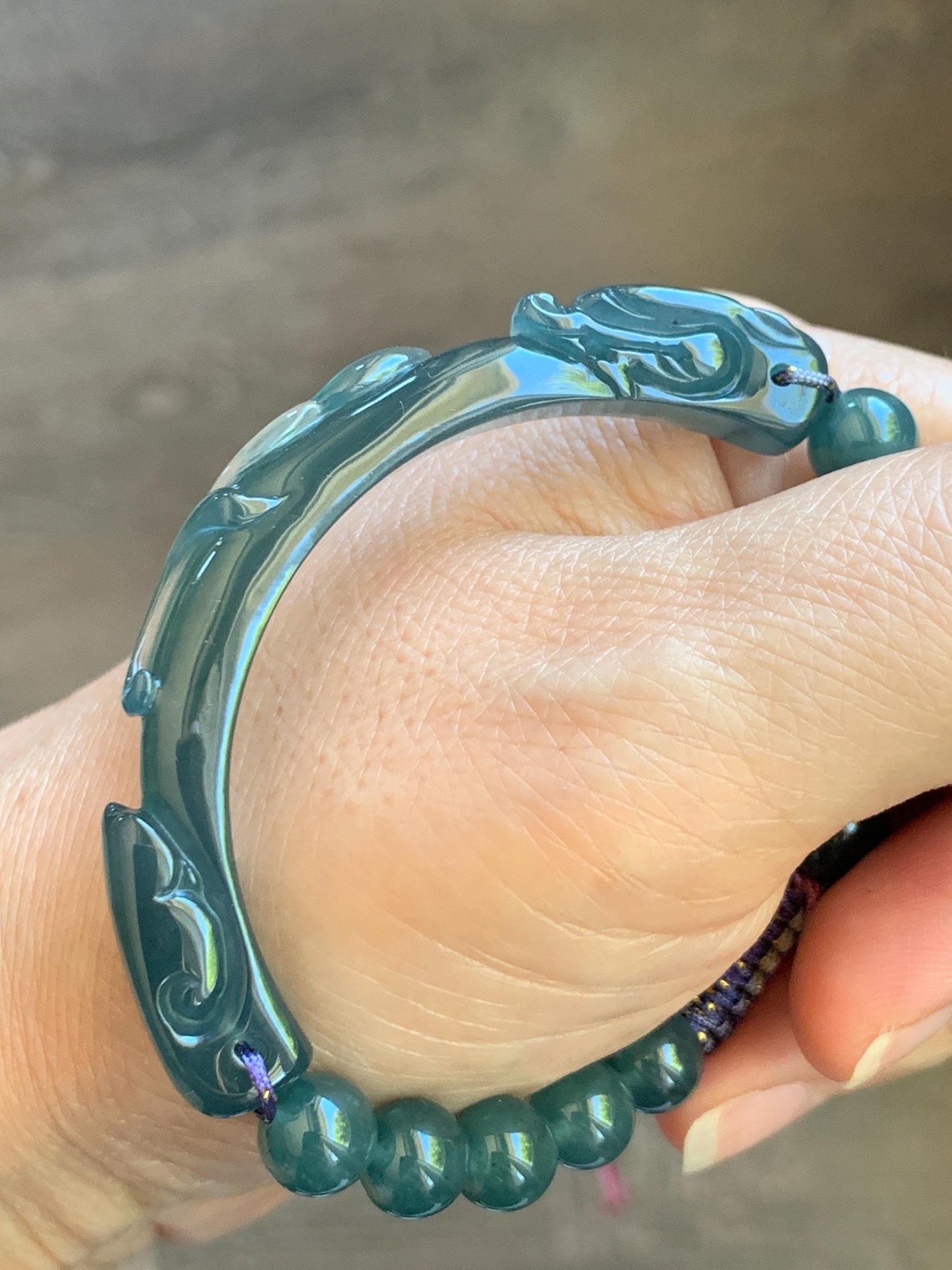 Natural Grade A Guatemalan Icy Translucent Dark Teal Blue Jade Jadeite Dragon Hook Cuff Beaded Bracelet 6.5”-6.75" 21g 天然冰危蓝绿龙钩手牌手串 WLG236A