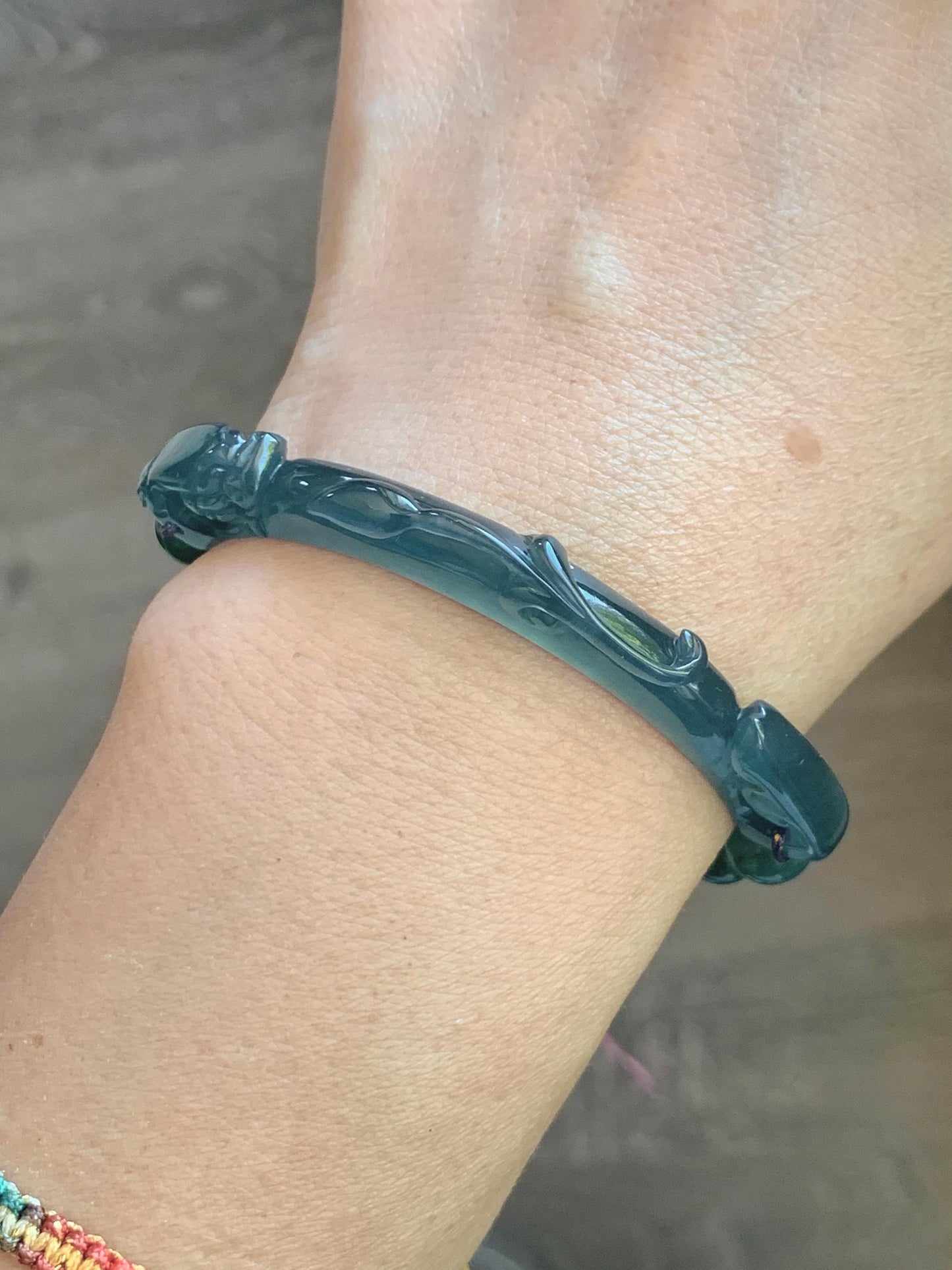 Natural Grade A Guatemalan Icy Translucent Dark Teal Blue Jade Jadeite Dragon Hook Cuff Beaded Bracelet 6.5”-6.75" 21g 天然冰危蓝绿龙钩手牌手串 WLG236A