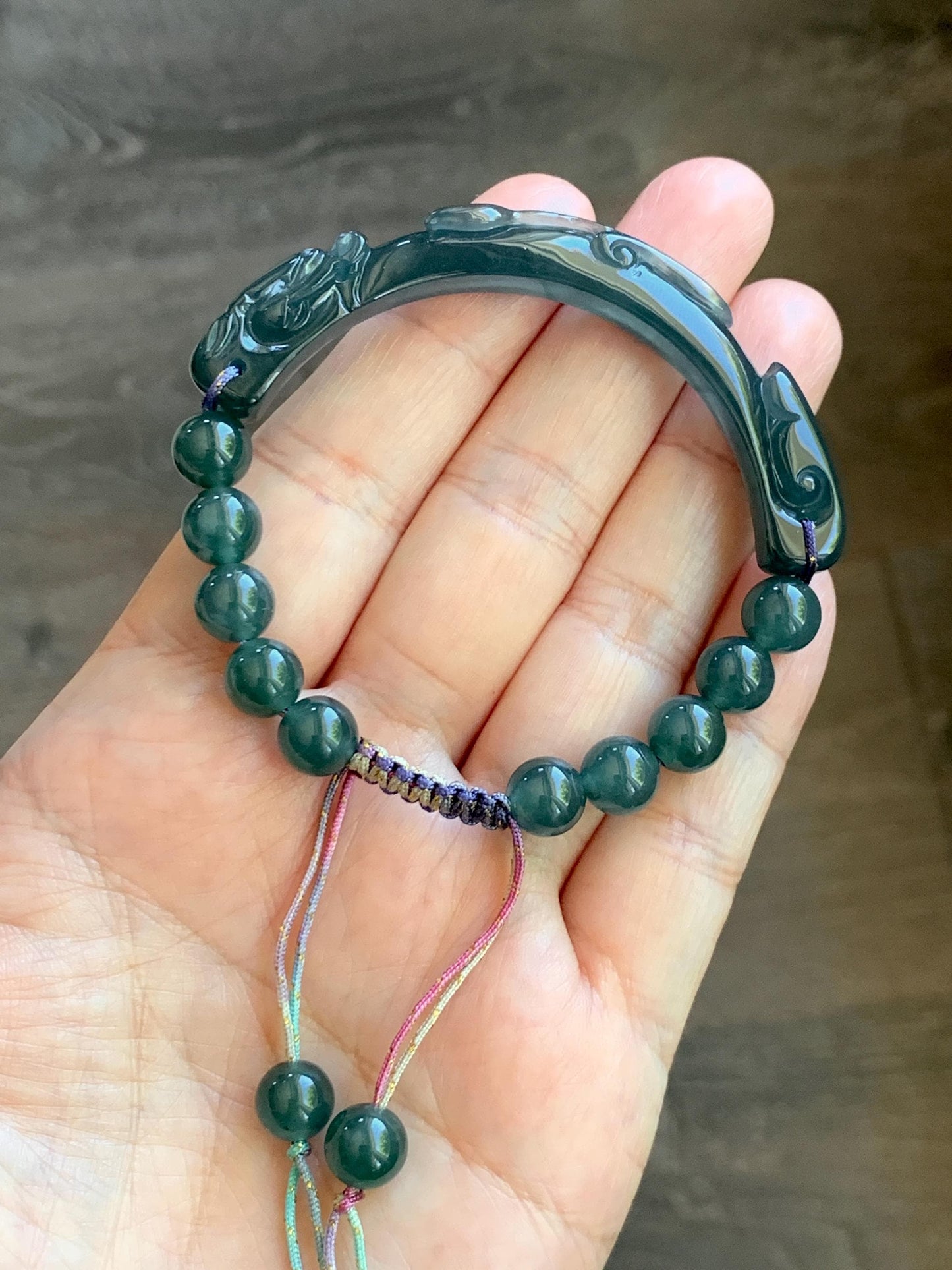 Natural Grade A Guatemalan Icy Translucent Dark Teal Blue Jade Jadeite Dragon Hook Cuff Beaded Bracelet 6.5”-6.75" 21g 天然冰危蓝绿龙钩手牌手串 WLG236A