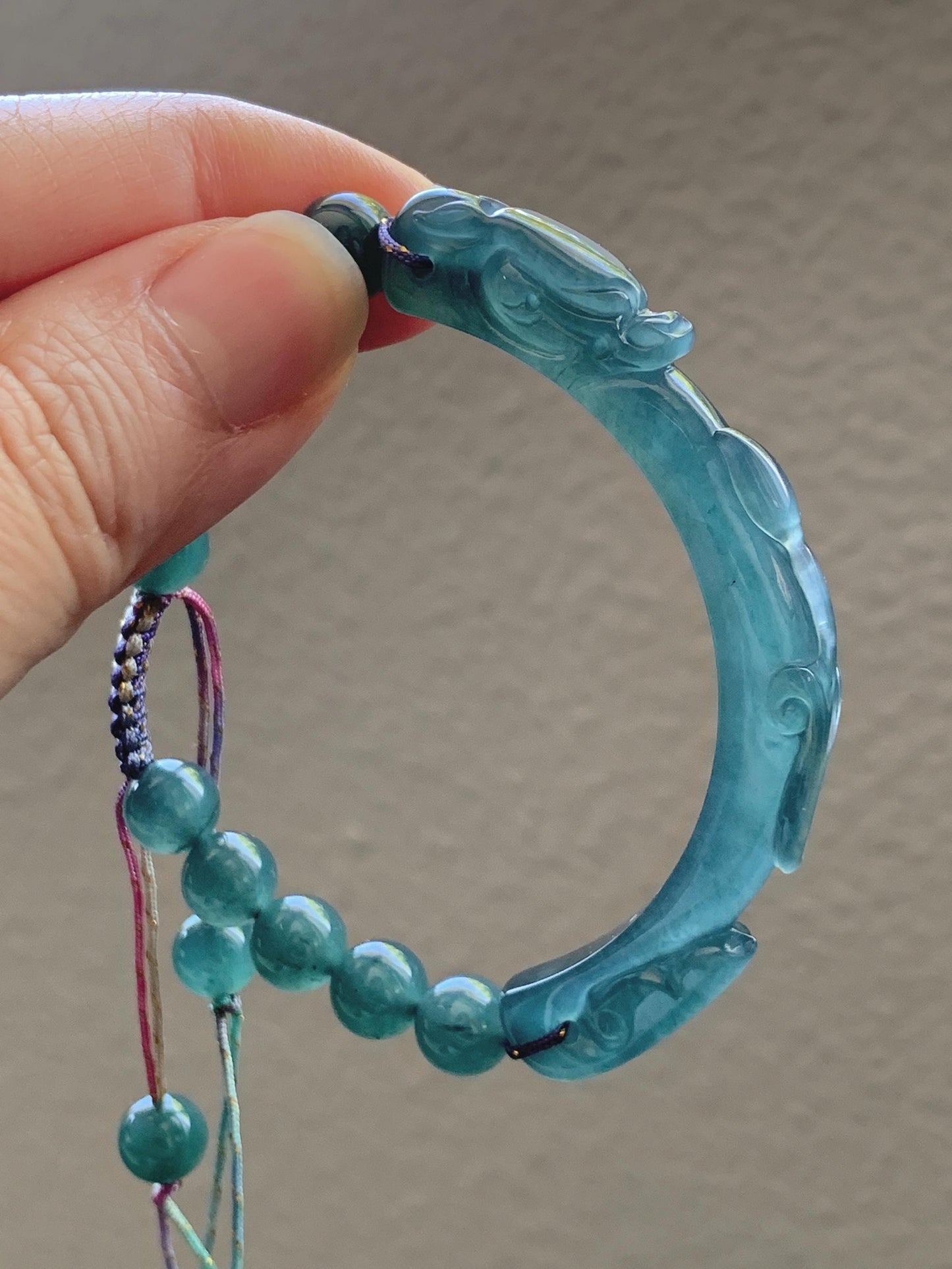Natural Grade A Guatemalan Icy Translucent Dark Teal Blue Jade Jadeite Dragon Hook Cuff Beaded Bracelet 6.5”-6.75" 21g 天然冰危蓝绿龙钩手牌手串 WLG236A