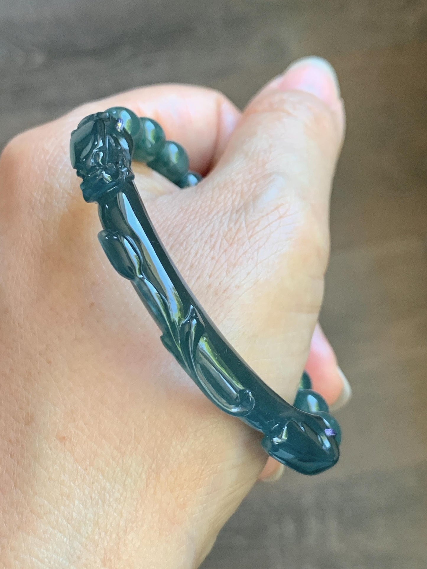 Natural Grade A Guatemalan Icy Translucent Dark Teal Blue Jade Jadeite Dragon Hook Cuff Beaded Bracelet 6.5”-6.75" 21g 天然冰危蓝绿龙钩手牌手串 WLG236A