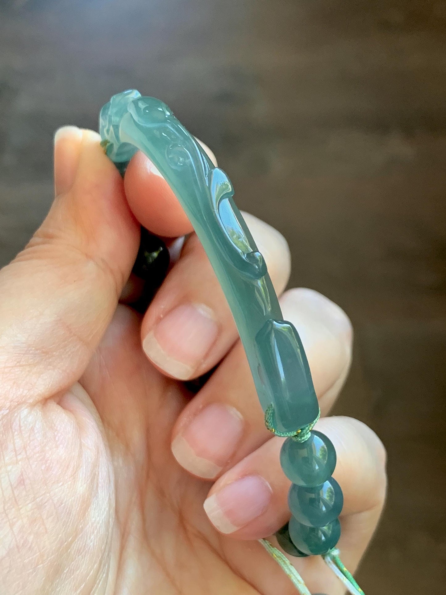 Natural Grade A Guatemalan Icy Translucent Dusty Teal Green Jade Jadeite Dragon Hook Cuff Beaded Bracelet 7”-7.25" 21g 天然冰危蓝绿龙钩手牌手串 WLG236B