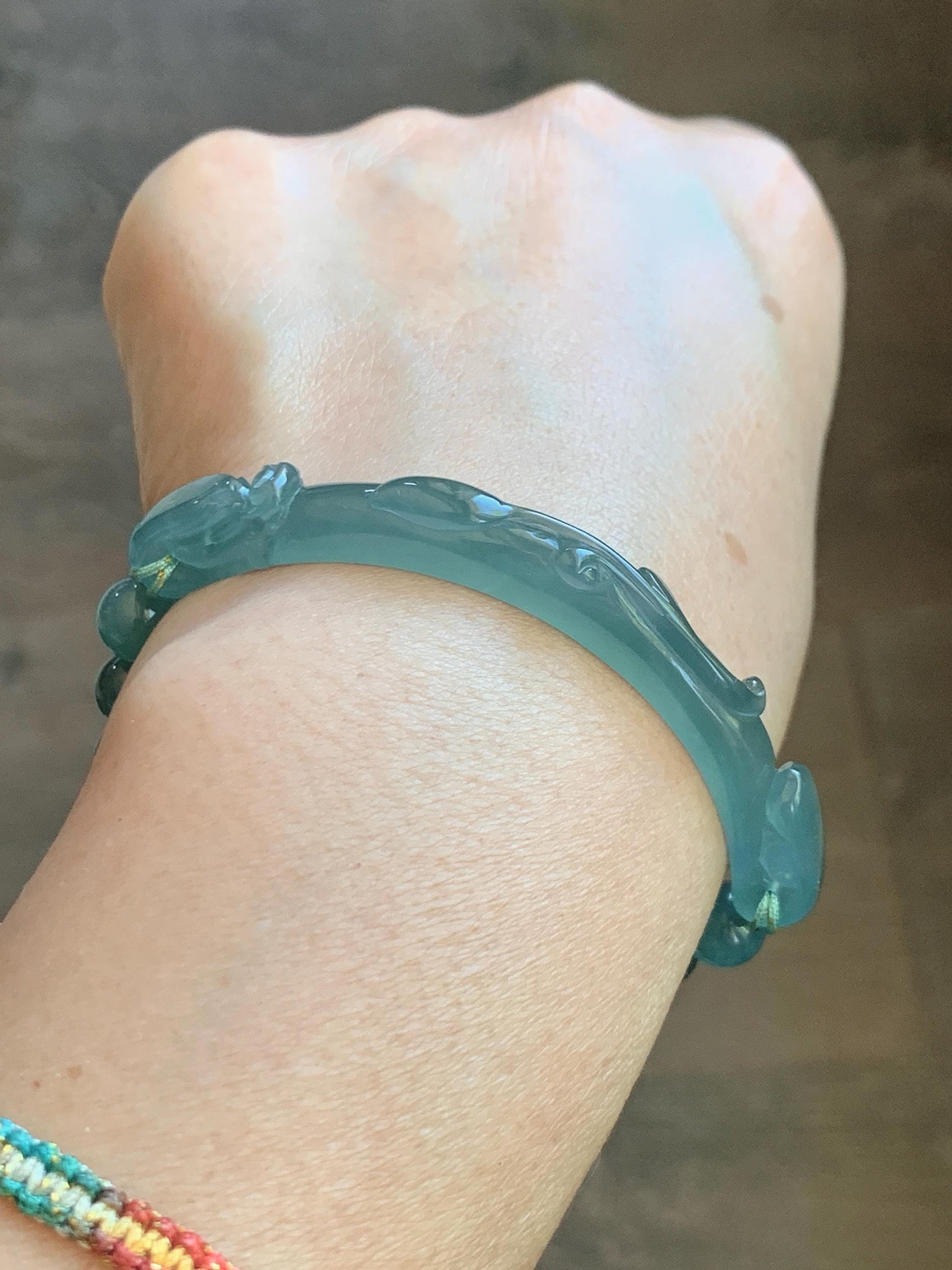 Natural Grade A Guatemalan Icy Translucent Dusty Teal Green Jade Jadeite Dragon Hook Cuff Beaded Bracelet 7”-7.25" 21g 天然冰危蓝绿龙钩手牌手串 WLG236B