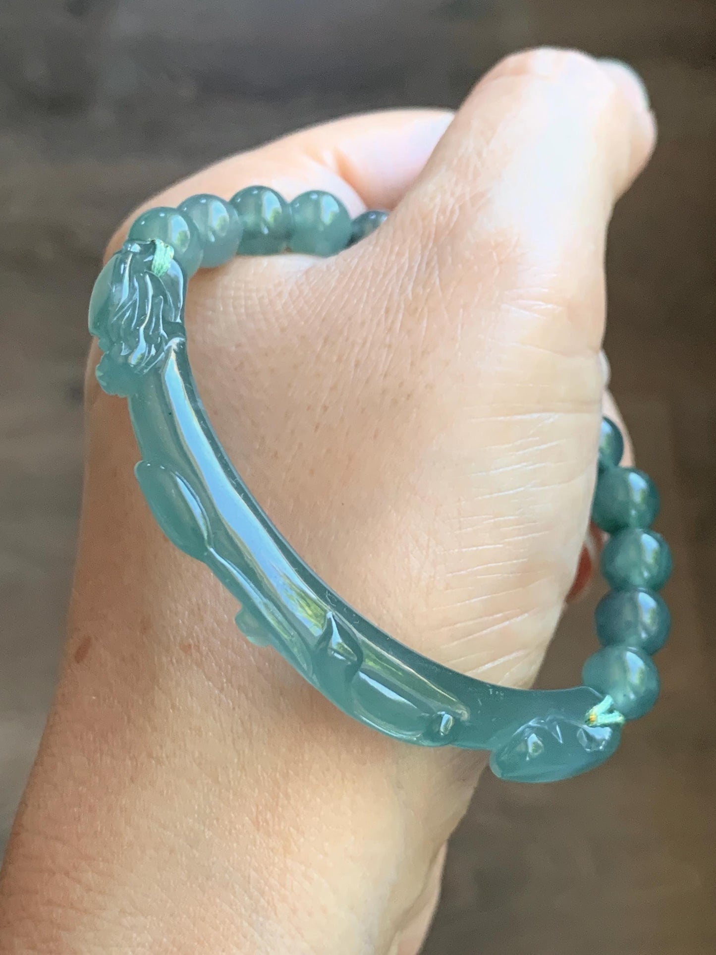 Natural Grade A Guatemalan Icy Translucent Dusty Teal Green Jade Jadeite Dragon Hook Cuff Beaded Bracelet 7”-7.25" 21g 天然冰危蓝绿龙钩手牌手串 WLG236B