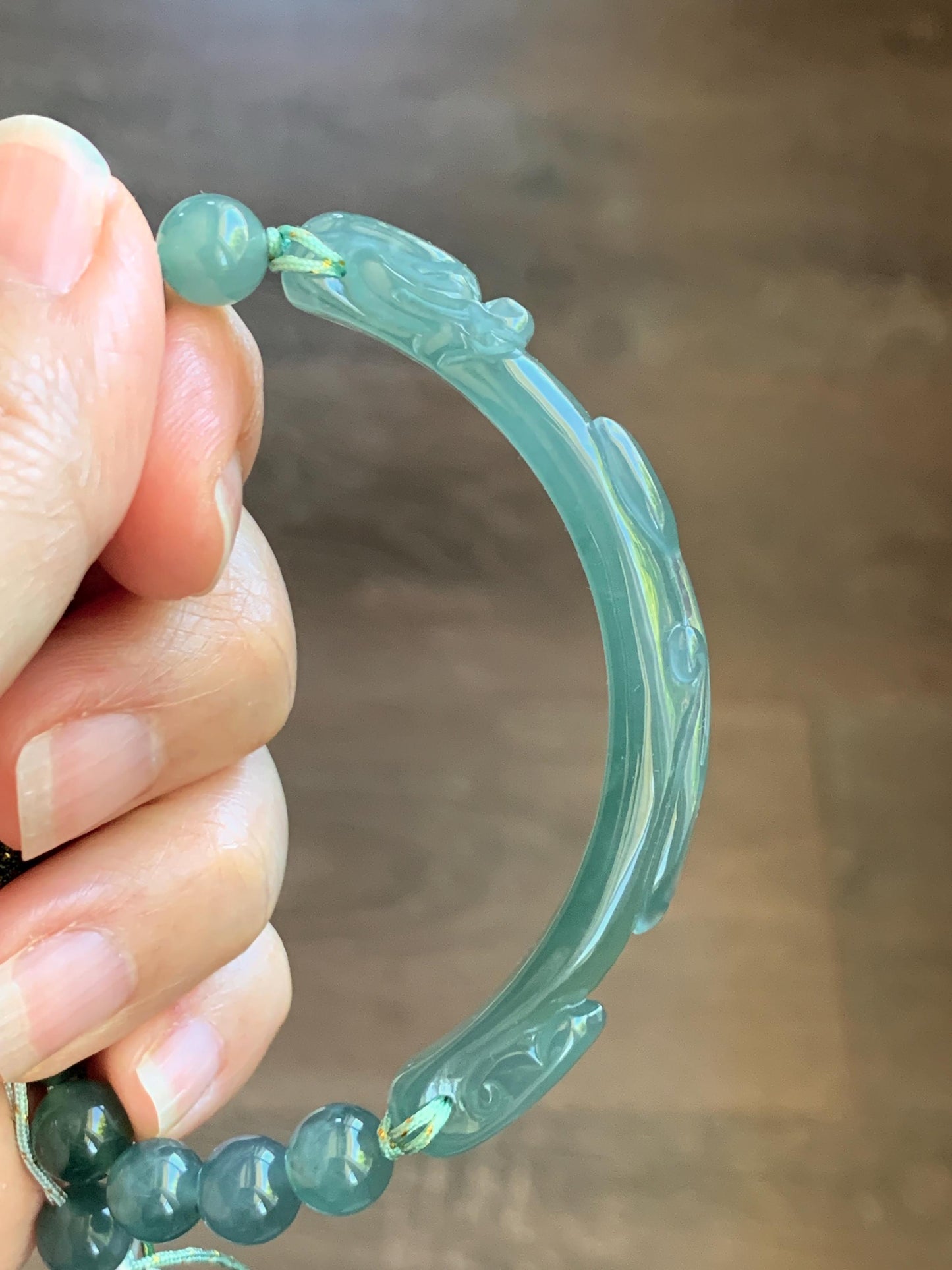 Natural Grade A Guatemalan Icy Translucent Dusty Teal Green Jade Jadeite Dragon Hook Cuff Beaded Bracelet 7”-7.25" 21g 天然冰危蓝绿龙钩手牌手串 WLG236B