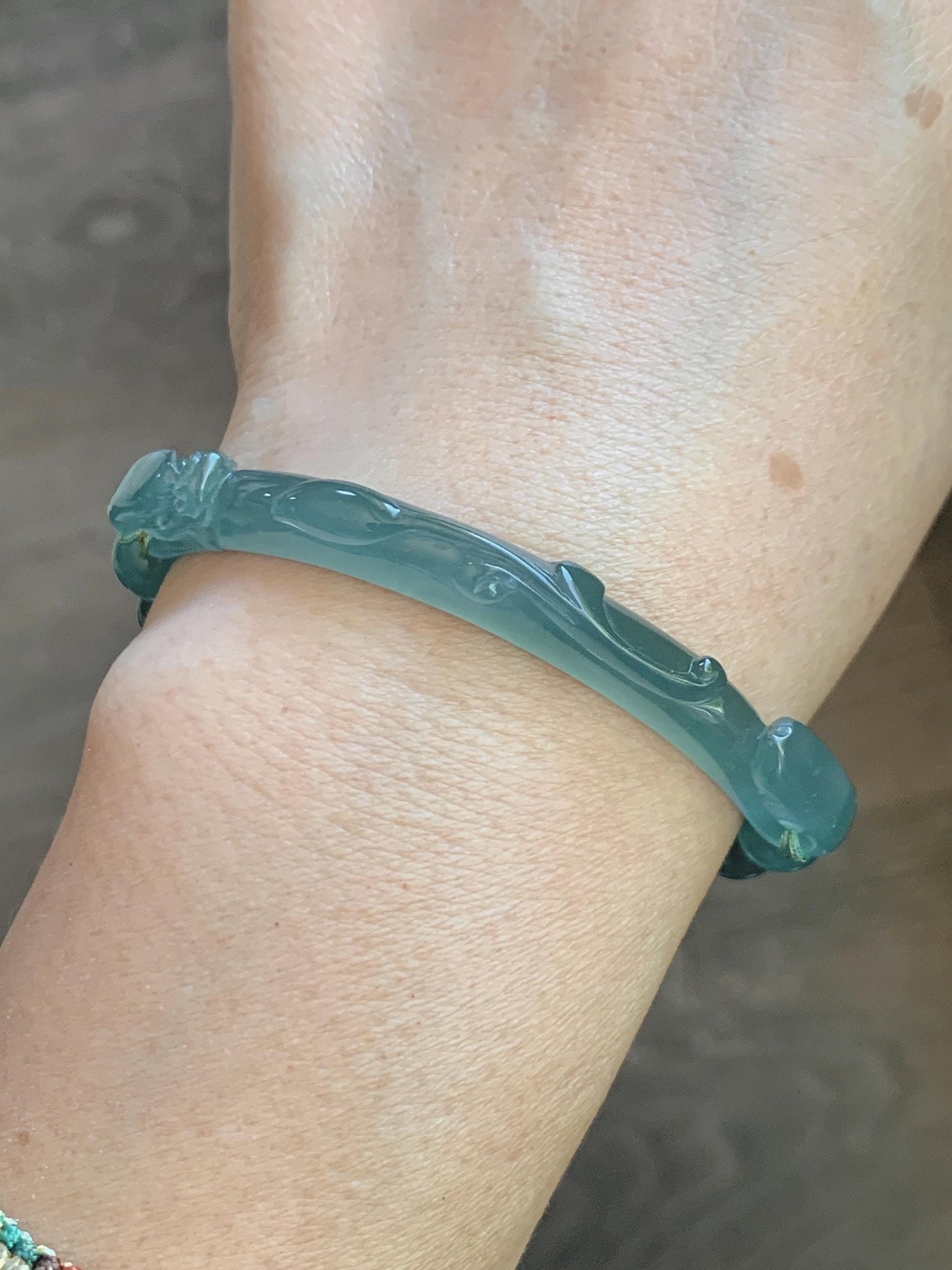 Natural Grade A Guatemalan Icy Translucent Dusty Teal Green Jade Jadeite Dragon Hook Cuff Beaded Bracelet 7”-7.25" 21g 天然冰危蓝绿龙钩手牌手串 WLG236B