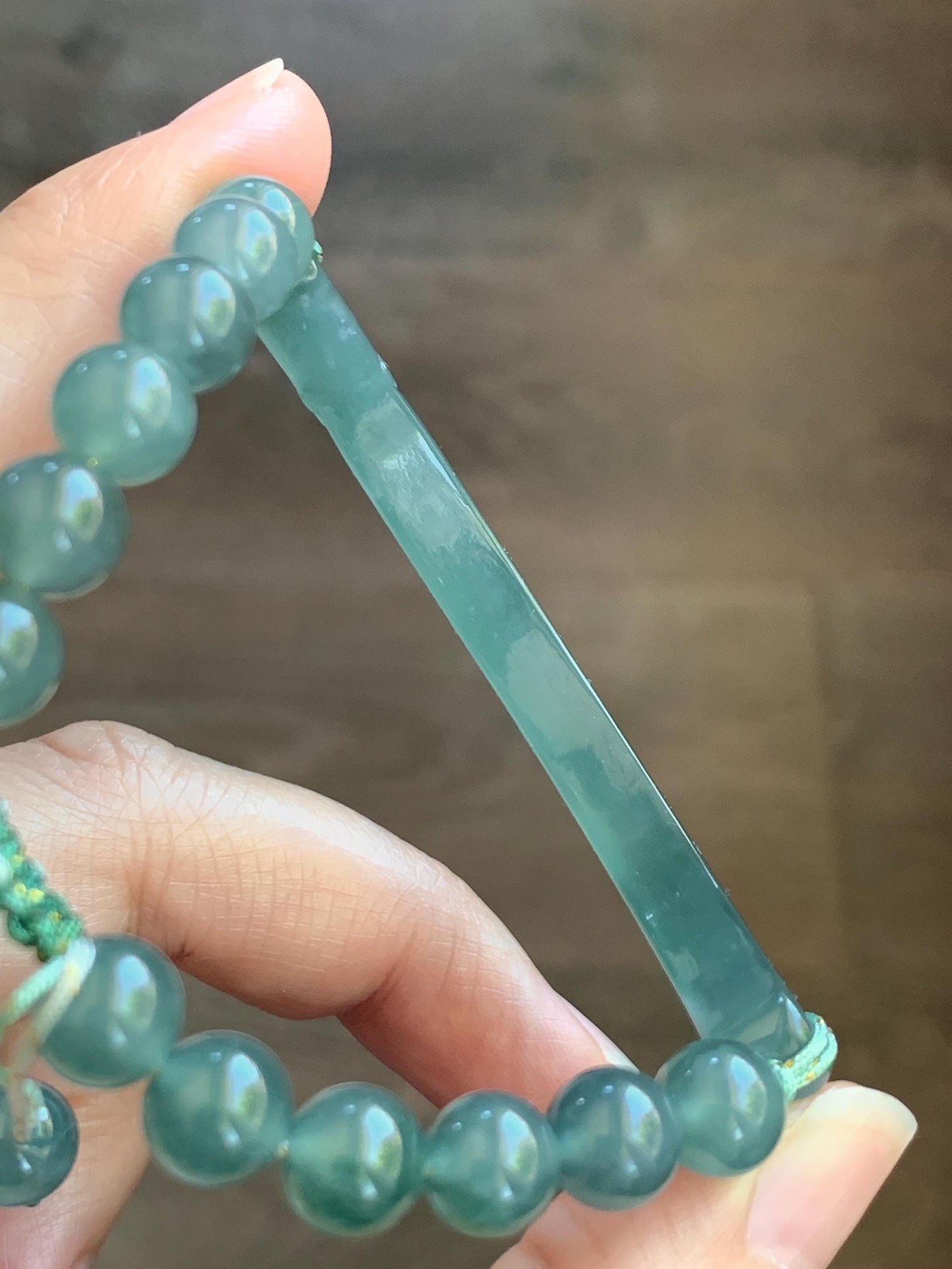 Natural Grade A Guatemalan Icy Translucent Dusty Teal Green Jade Jadeite Dragon Hook Cuff Beaded Bracelet 7”-7.25" 21g 天然冰危蓝绿龙钩手牌手串 WLG236B