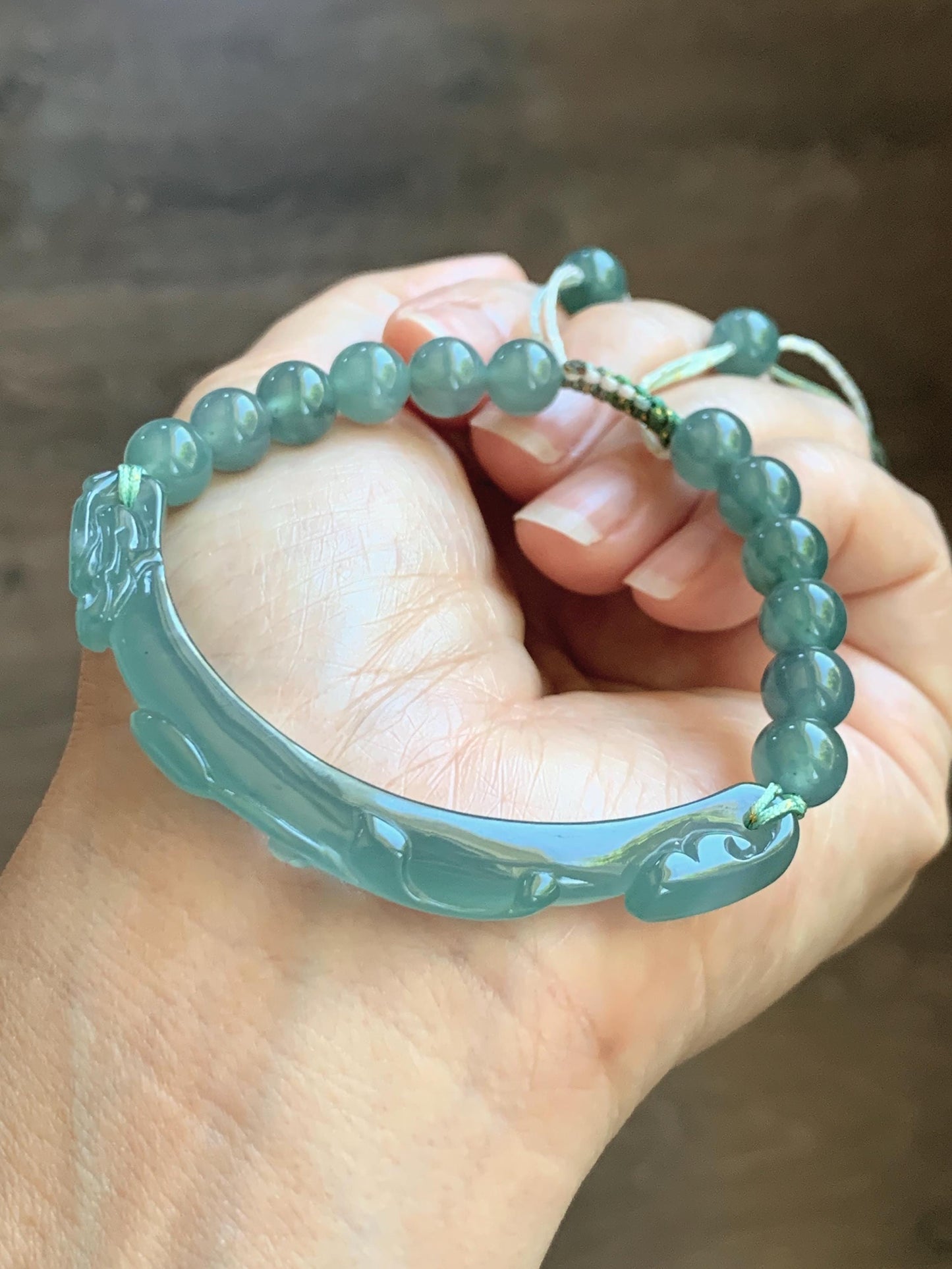 Natural Grade A Guatemalan Icy Translucent Dusty Teal Green Jade Jadeite Dragon Hook Cuff Beaded Bracelet 7”-7.25" 21g 天然冰危蓝绿龙钩手牌手串 WLG236B