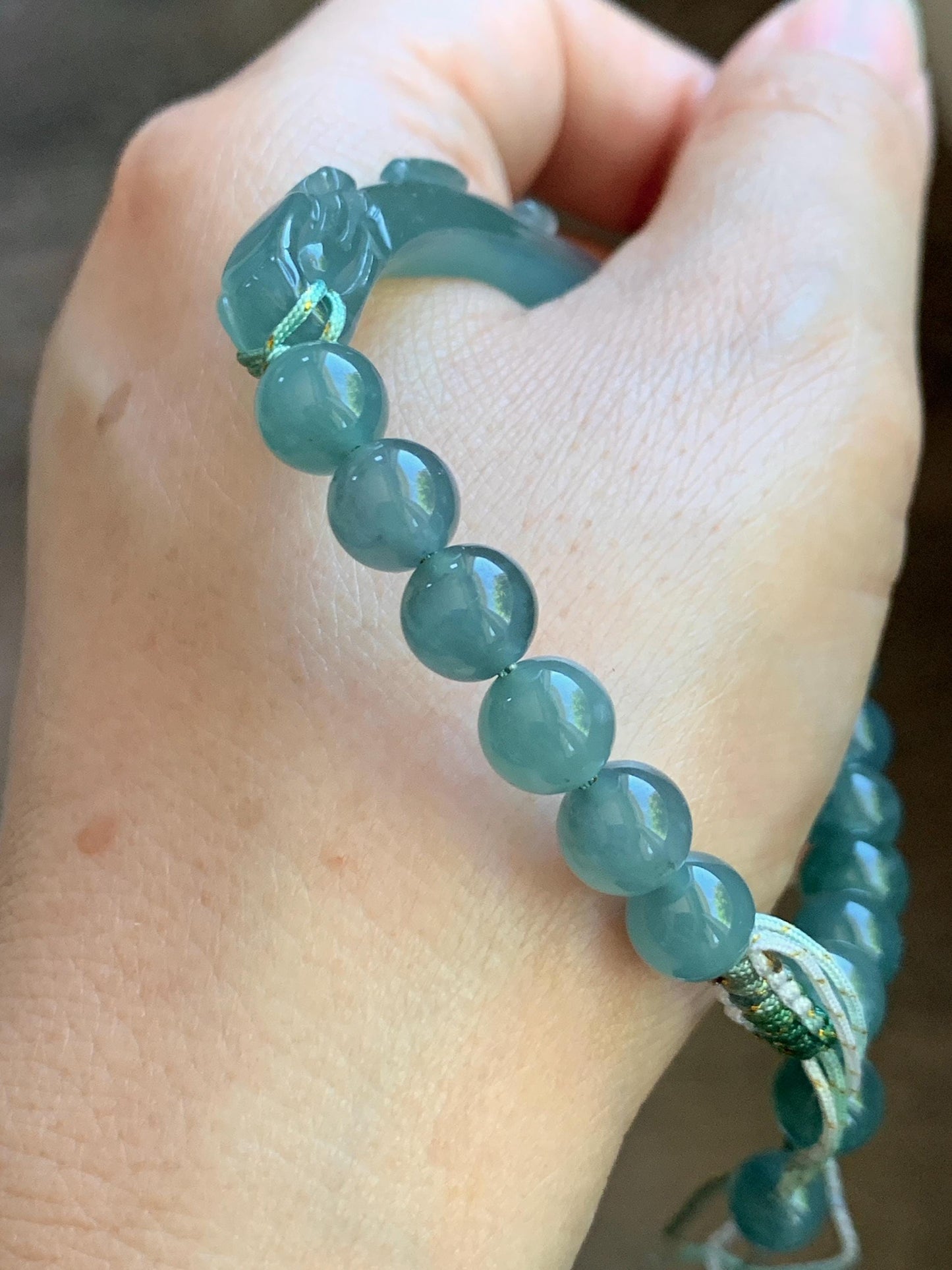 Natural Grade A Guatemalan Icy Translucent Dusty Teal Green Jade Jadeite Dragon Hook Cuff Beaded Bracelet 7”-7.25" 21g 天然冰危蓝绿龙钩手牌手串 WLG236B