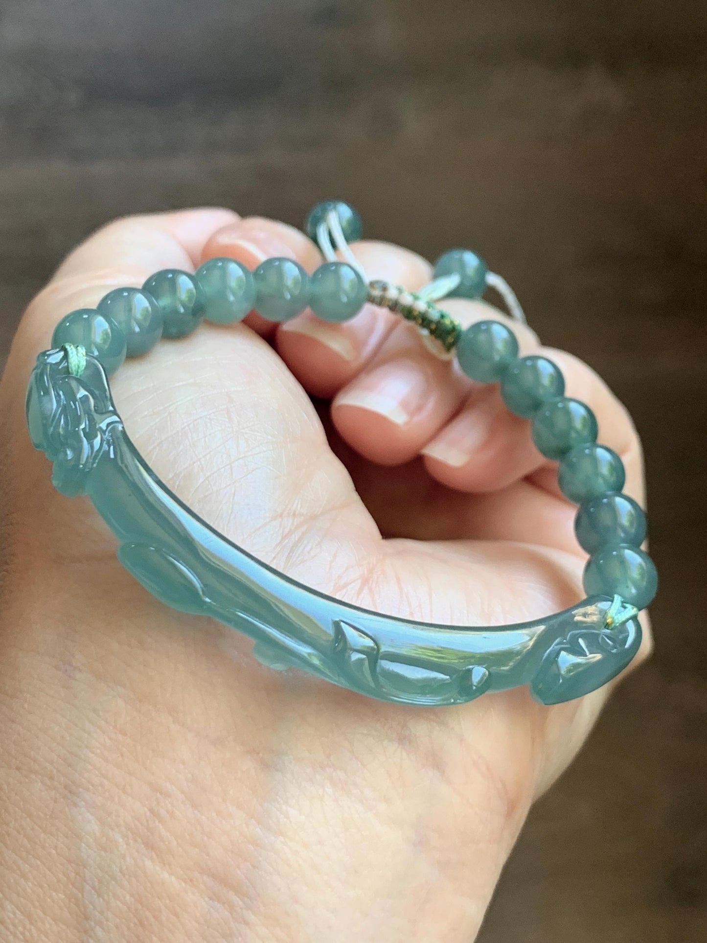 Natural Grade A Guatemalan Icy Translucent Dusty Teal Green Jade Jadeite Dragon Hook Cuff Beaded Bracelet 7”-7.25" 21g 天然冰危蓝绿龙钩手牌手串 WLG236B