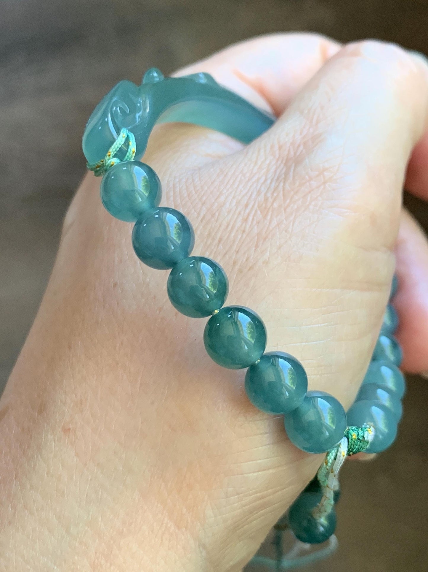 Natural Grade A Guatemalan Icy Translucent Dusty Teal Green Jade Jadeite Dragon Hook Cuff Beaded Bracelet 7”-7.25" 21g 天然冰危蓝绿龙钩手牌手串 WLG236B
