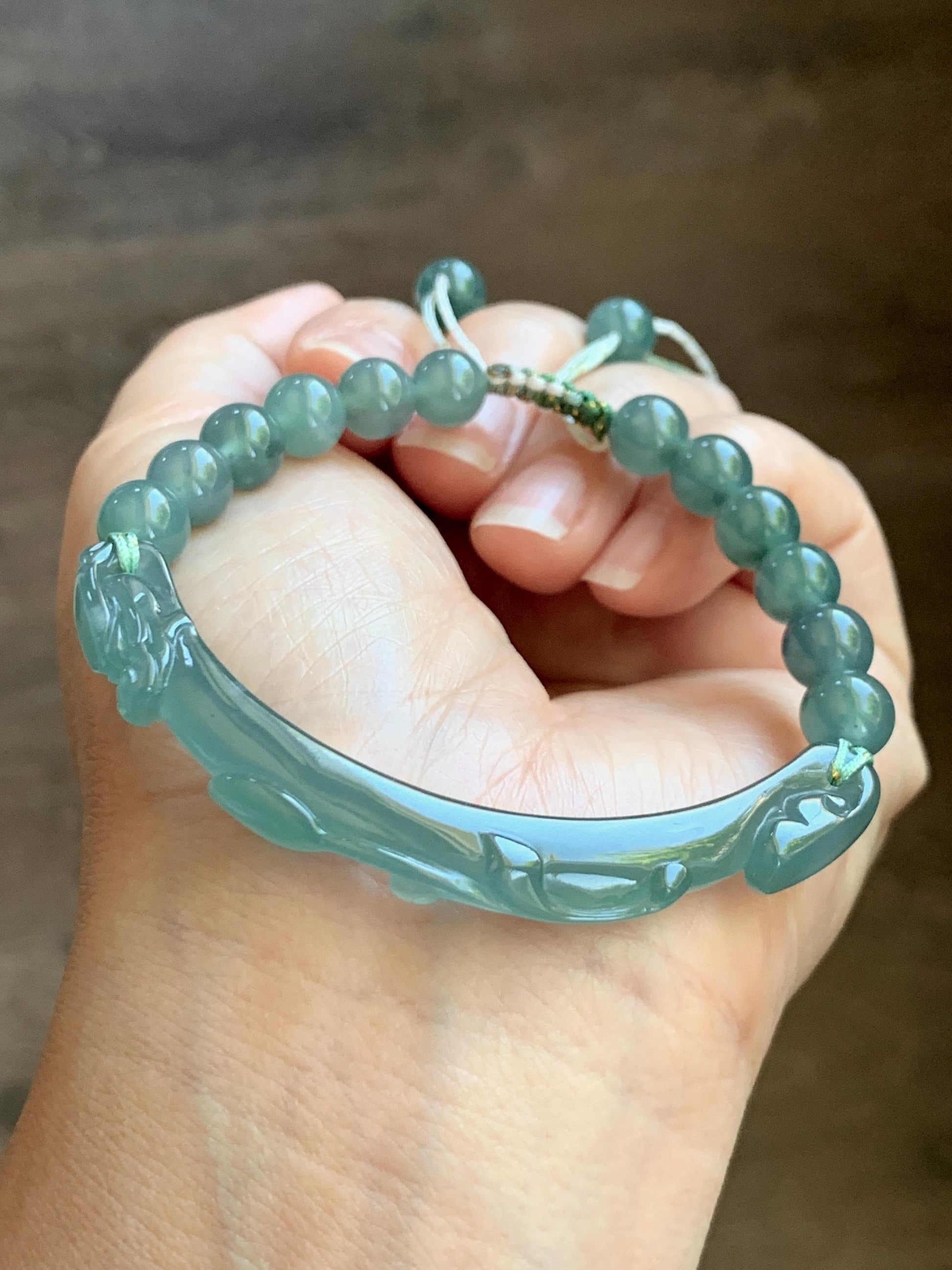 Natural Grade A Guatemalan Icy Translucent Dusty Teal Green Jade Jadeite Dragon Hook Cuff Beaded Bracelet 7”-7.25" 21g 天然冰危蓝绿龙钩手牌手串 WLG236B