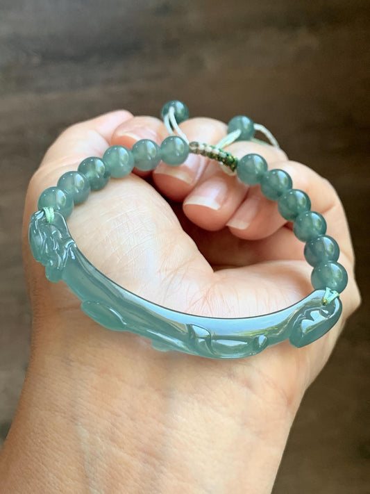 Natural Grade A Guatemalan Icy Translucent Dusty Teal Green Jade Jadeite Dragon Hook Cuff Beaded Bracelet 7”-7.25" 21g 天然冰危蓝绿龙钩手牌手串 WLG236B