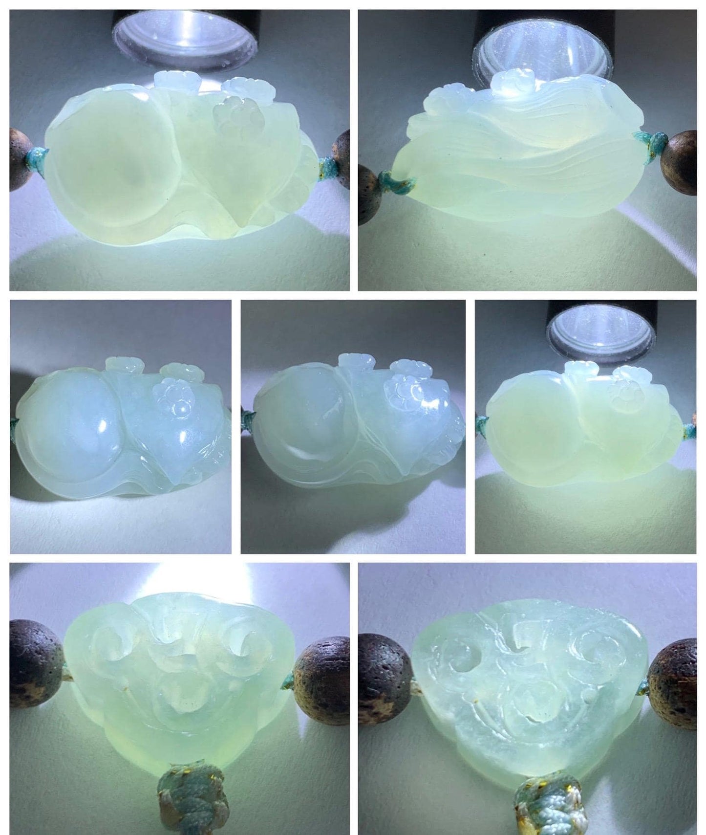 Natural Grade A Icy Translucent Pastel Blue Jadeite Nine-tailed Fox Ruyi Charm Wood Beads Beaded Bracelet 6.75” 天然冰胶浅灰蓝翡翠九尾狐如意珠木珠手串 MLH269