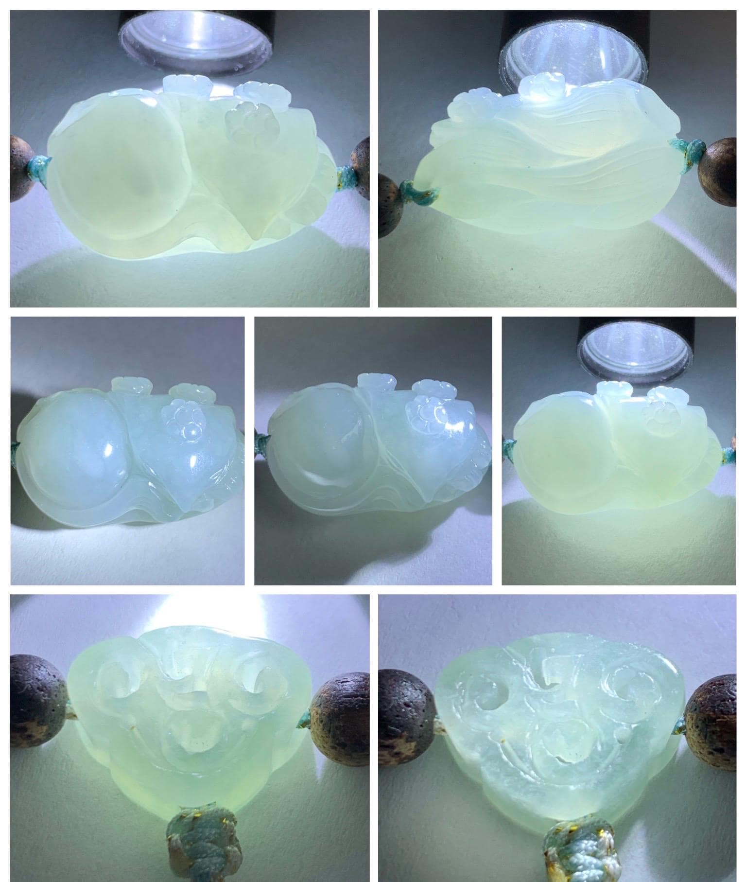 Natural Grade A Icy Translucent Pastel Blue Jadeite Nine-tailed Fox Ruyi Charm Wood Beads Beaded Bracelet 6.75” 天然冰胶浅灰蓝翡翠九尾狐如意珠木珠手串 MLH269