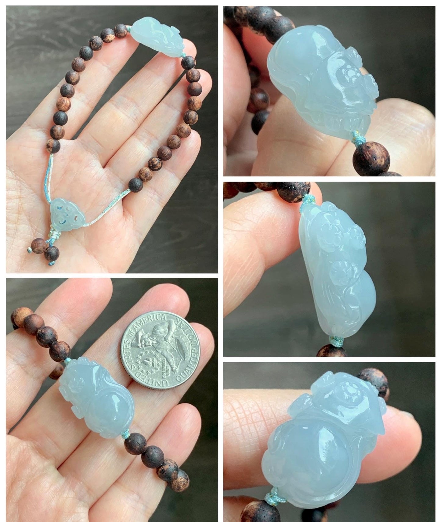 Natural Grade A Icy Translucent Pastel Blue Jadeite Nine-tailed Fox Ruyi Charm Wood Beads Beaded Bracelet 6.75” 天然冰胶浅灰蓝翡翠九尾狐如意珠木珠手串 MLH269