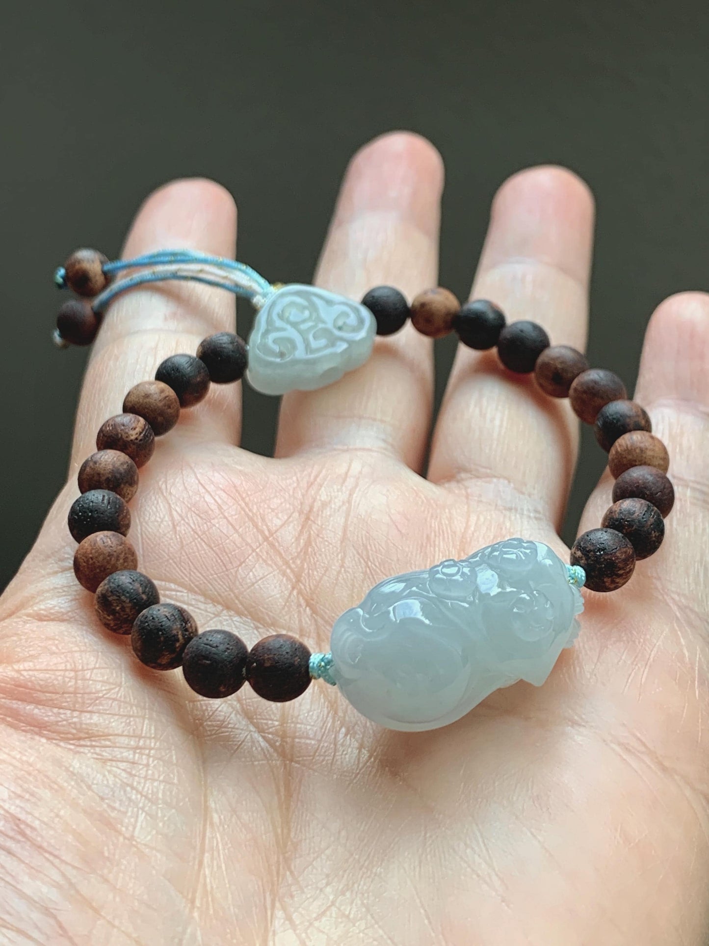 Natural Grade A Icy Translucent Pastel Blue Jadeite Nine-tailed Fox Ruyi Charm Wood Beads Beaded Bracelet 6.75” 天然冰胶浅灰蓝翡翠九尾狐如意珠木珠手串 MLH269