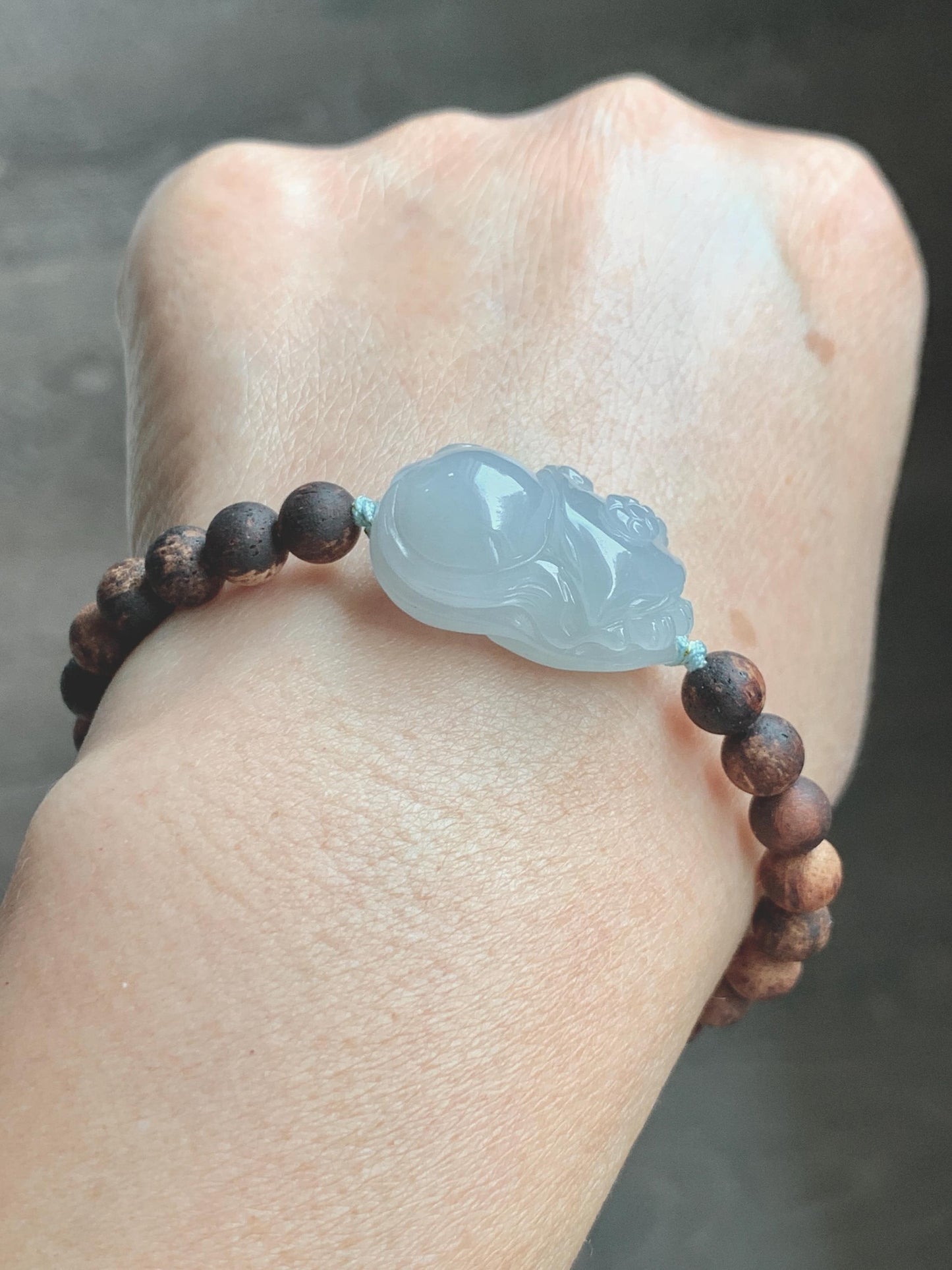 Natural Grade A Icy Translucent Pastel Blue Jadeite Nine-tailed Fox Ruyi Charm Wood Beads Beaded Bracelet 6.75” 天然冰胶浅灰蓝翡翠九尾狐如意珠木珠手串 MLH269