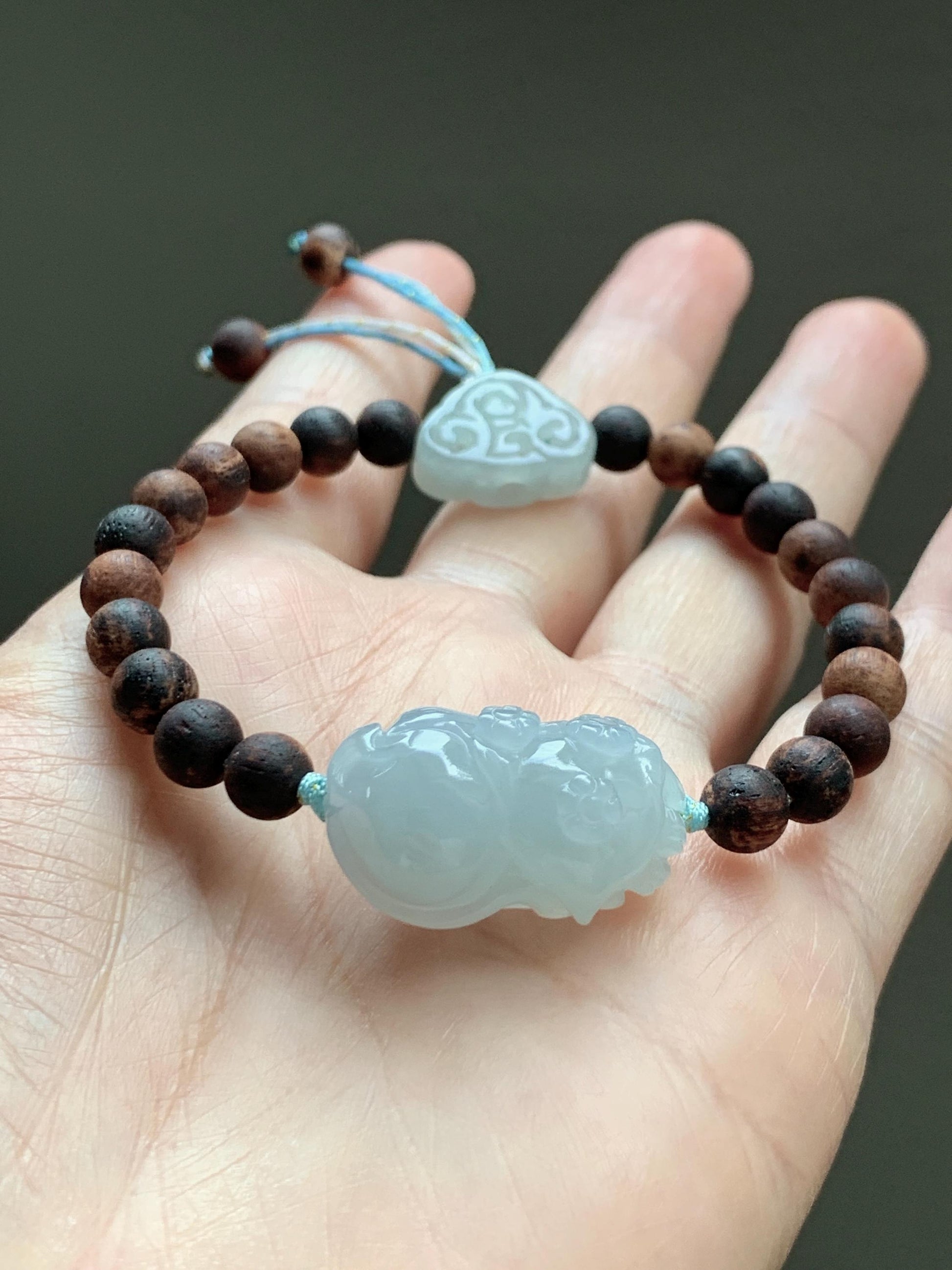 Natural Grade A Icy Translucent Pastel Blue Jadeite Nine-tailed Fox Ruyi Charm Wood Beads Beaded Bracelet 6.75” 天然冰胶浅灰蓝翡翠九尾狐如意珠木珠手串 MLH269