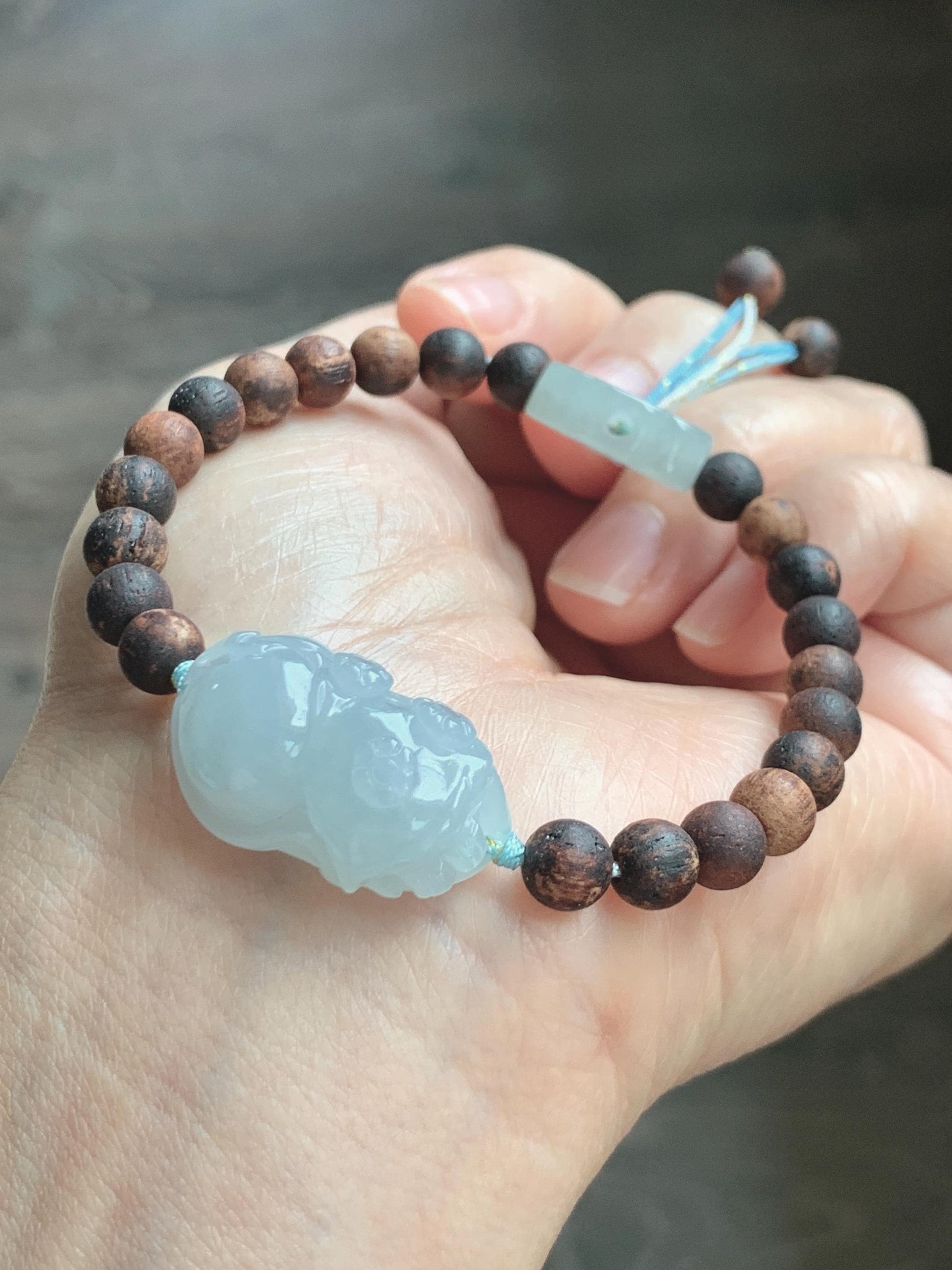 Natural Grade A Icy Translucent Pastel Blue Jadeite Nine-tailed Fox Ruyi Charm Wood Beads Beaded Bracelet 6.75” 天然冰胶浅灰蓝翡翠九尾狐如意珠木珠手串 MLH269