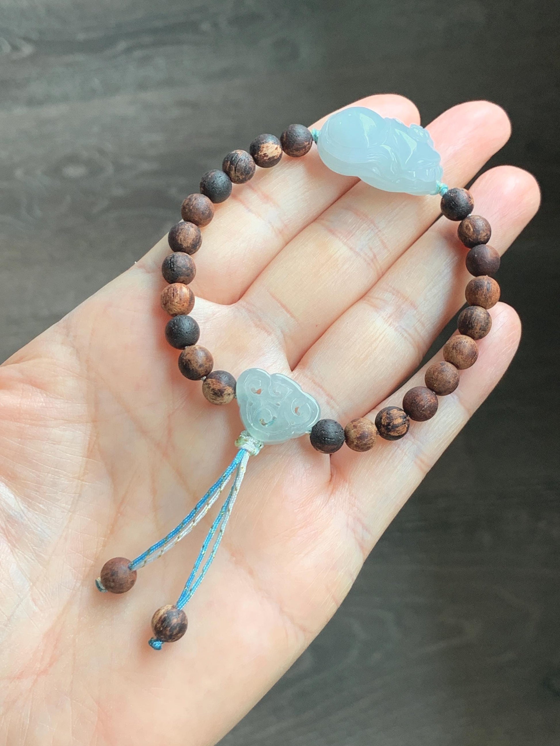 Natural Grade A Icy Translucent Pastel Blue Jadeite Nine-tailed Fox Ruyi Charm Wood Beads Beaded Bracelet 6.75” 天然冰胶浅灰蓝翡翠九尾狐如意珠木珠手串 MLH269