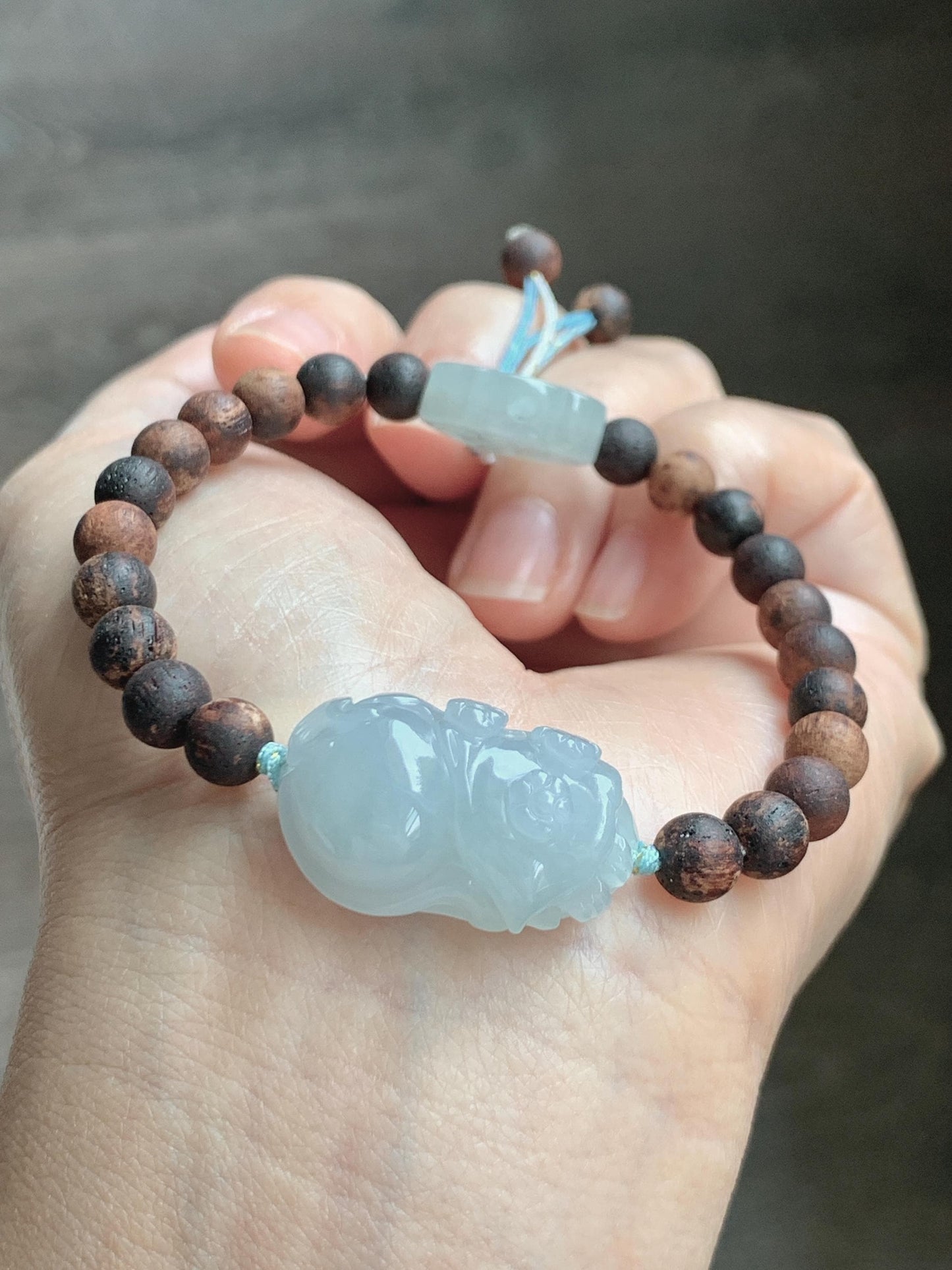 Natural Grade A Icy Translucent Pastel Blue Jadeite Nine-tailed Fox Ruyi Charm Wood Beads Beaded Bracelet 6.75” 天然冰胶浅灰蓝翡翠九尾狐如意珠木珠手串 MLH269