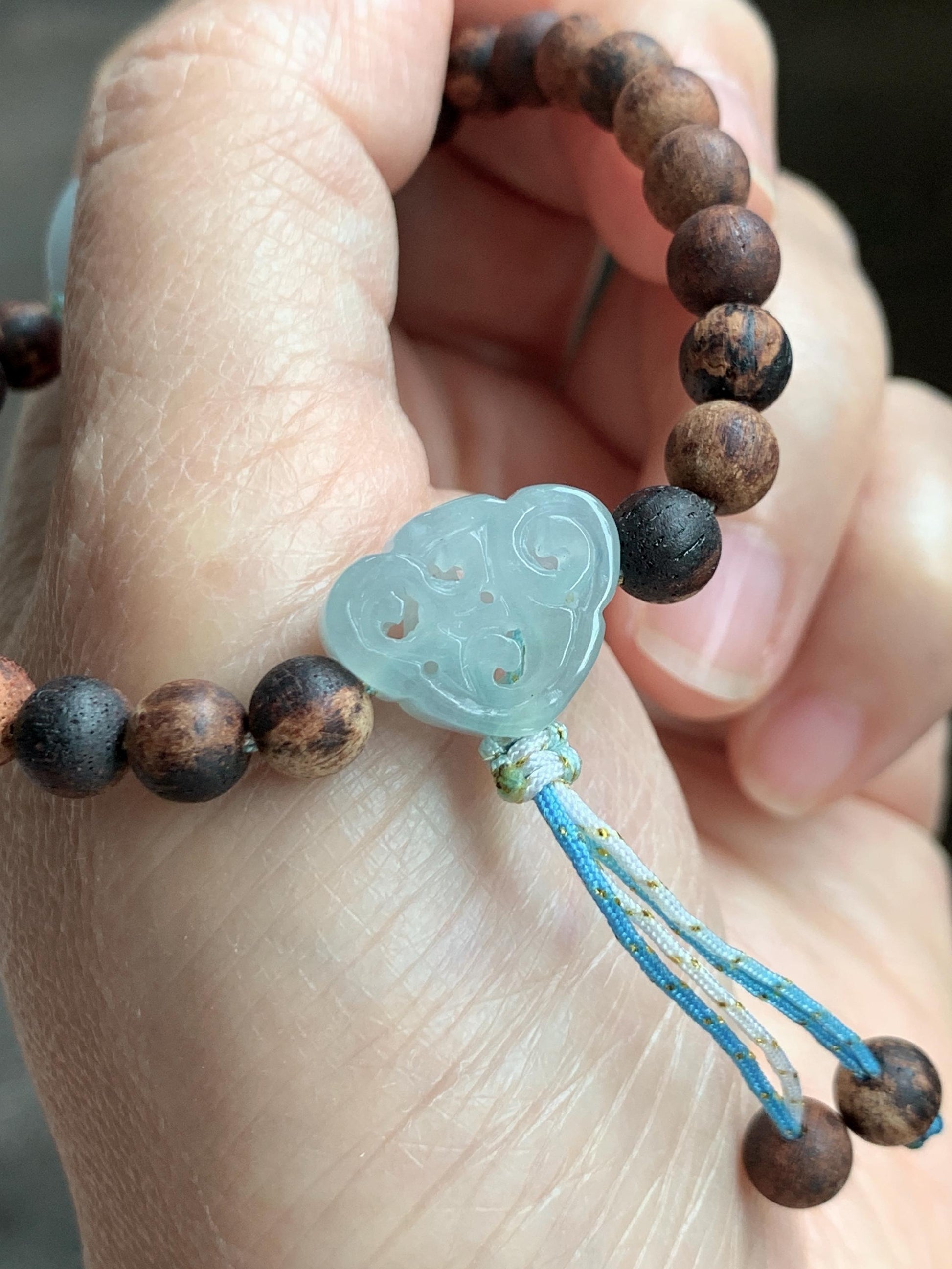 Natural Grade A Icy Translucent Pastel Blue Jadeite Nine-tailed Fox Ruyi Charm Wood Beads Beaded Bracelet 6.75” 天然冰胶浅灰蓝翡翠九尾狐如意珠木珠手串 MLH269