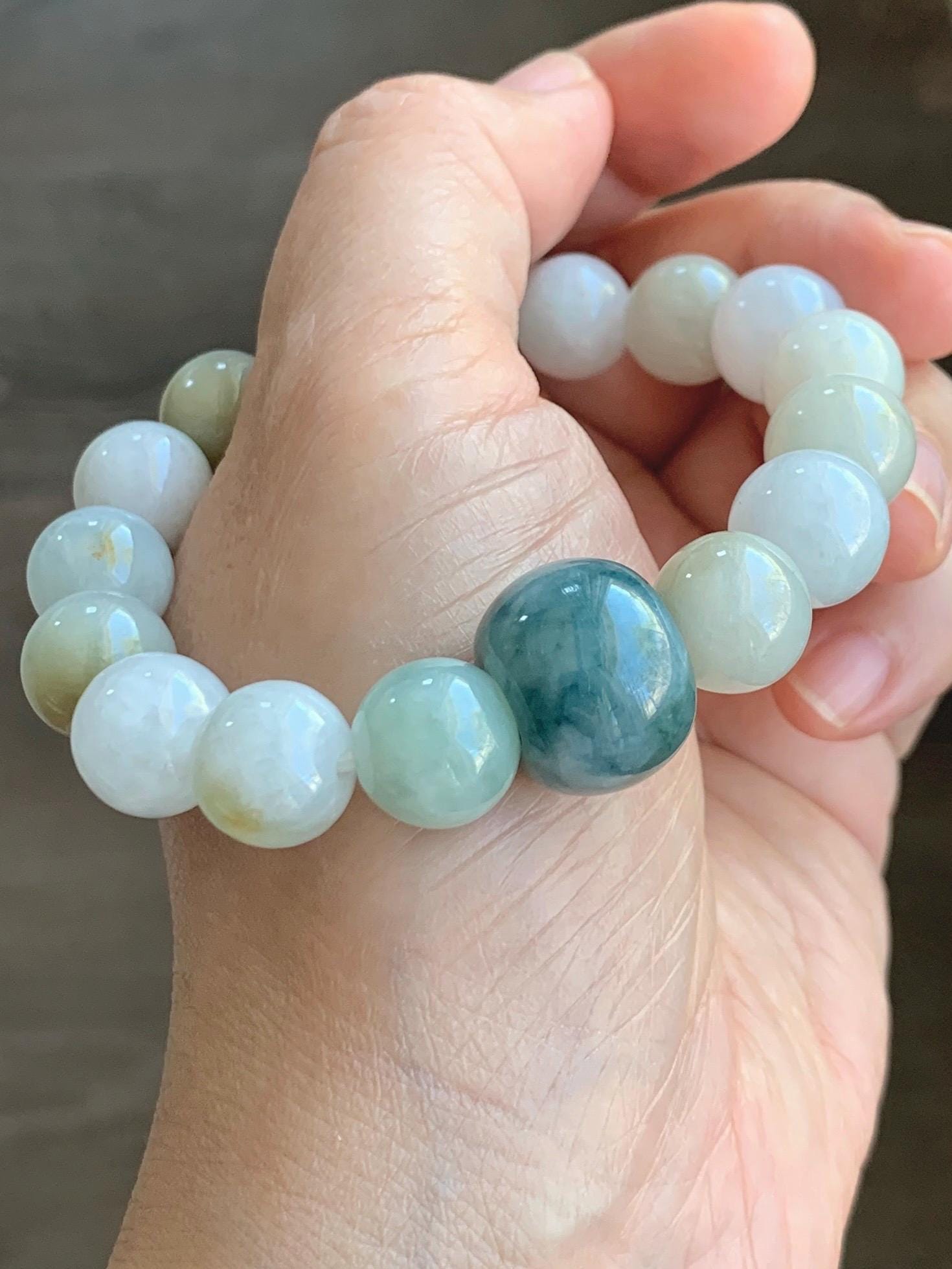 Natural Grade A Icy Translucent Multicolored Jade Jadeite Beads Dark Blue Marbled Drum Bead Beaded Bracelet 7” 49g 天然冰胶多宝翡翠缅蓝鼓珠手串 MDB148