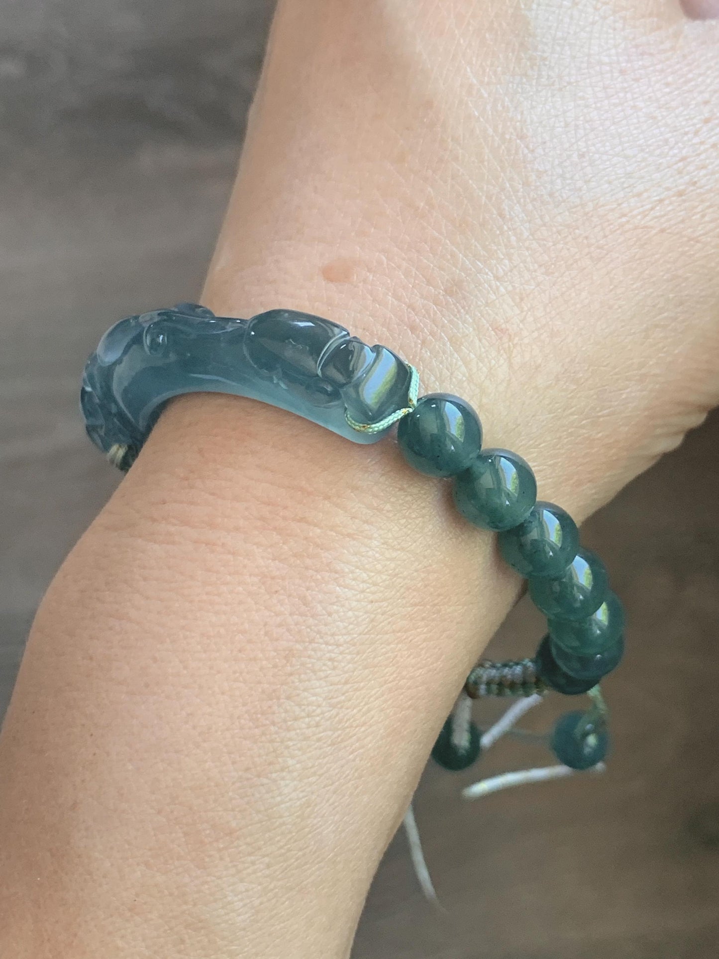 Natural Grade A Guatemalan Icy Translucent Dark Teal Blue Teal Green Jade Jadeite Dragon Hook Cuff Beaded Bracelet 7" 天然冰危蓝绿龙钩手牌手串 WLG253B