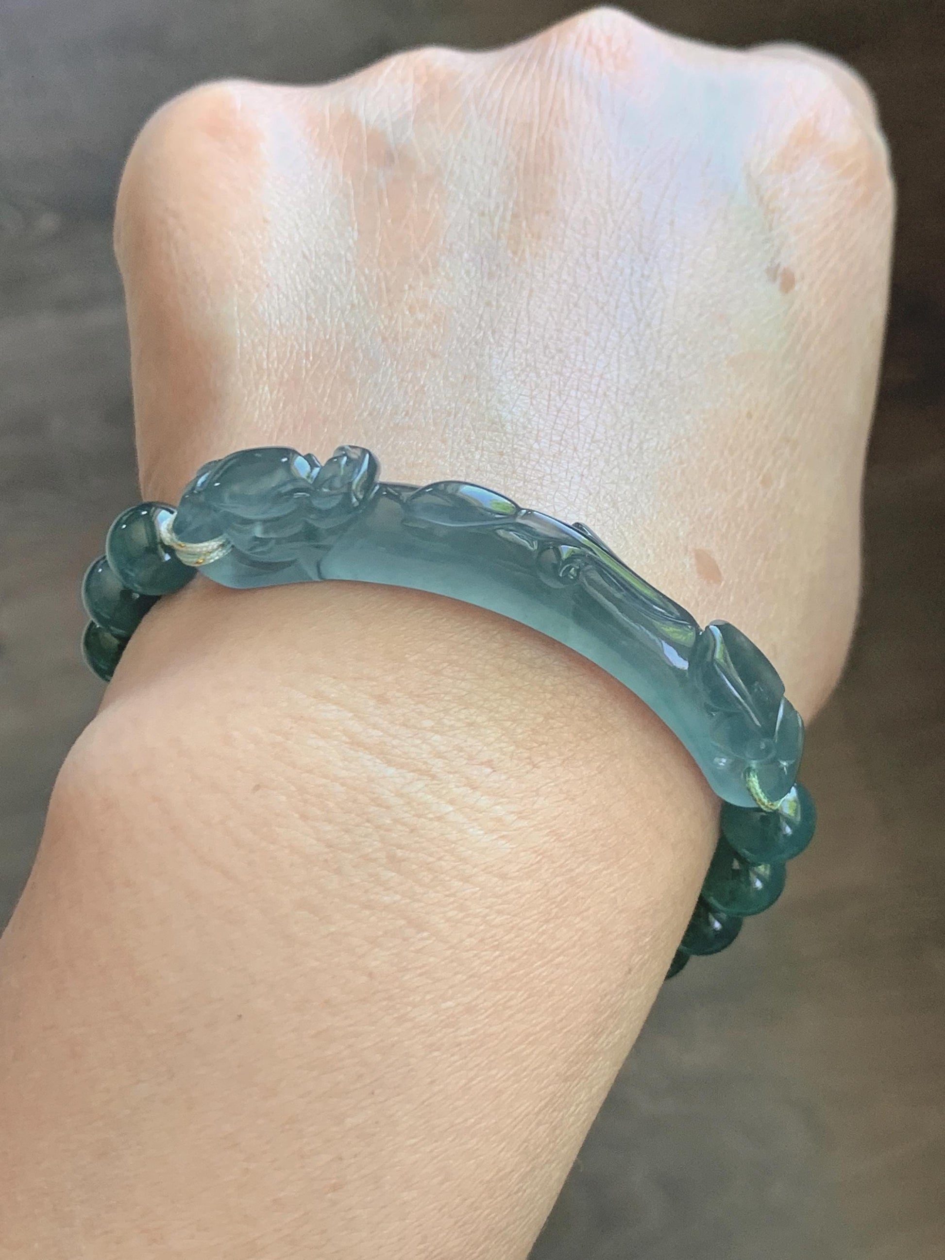 Natural Grade A Guatemalan Icy Translucent Dark Teal Blue Teal Green Jade Jadeite Dragon Hook Cuff Beaded Bracelet 7" 天然冰危蓝绿龙钩手牌手串 WLG253B