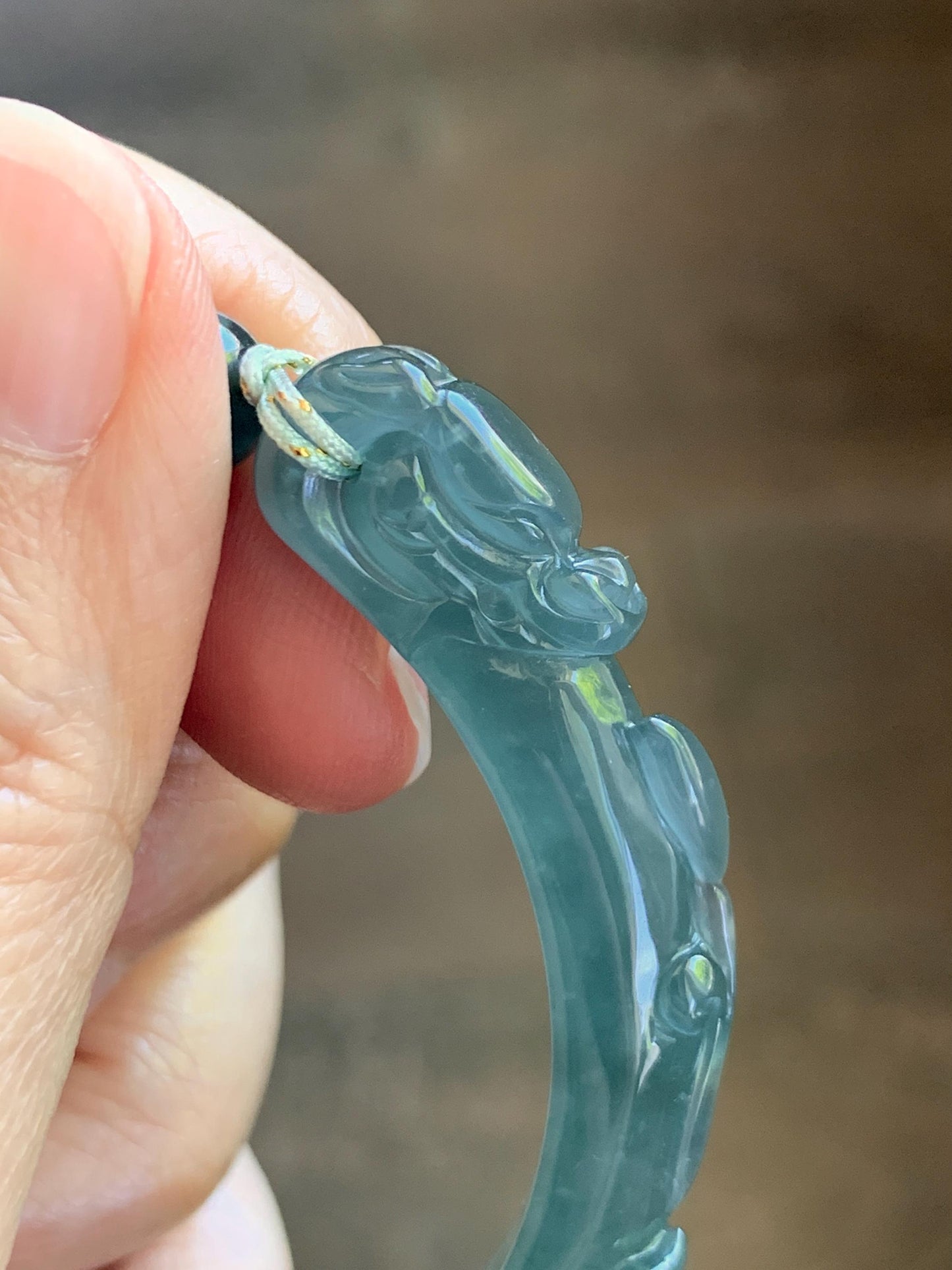 Natural Grade A Guatemalan Icy Translucent Dark Teal Blue Teal Green Jade Jadeite Dragon Hook Cuff Beaded Bracelet 7" 天然冰危蓝绿龙钩手牌手串 WLG253B
