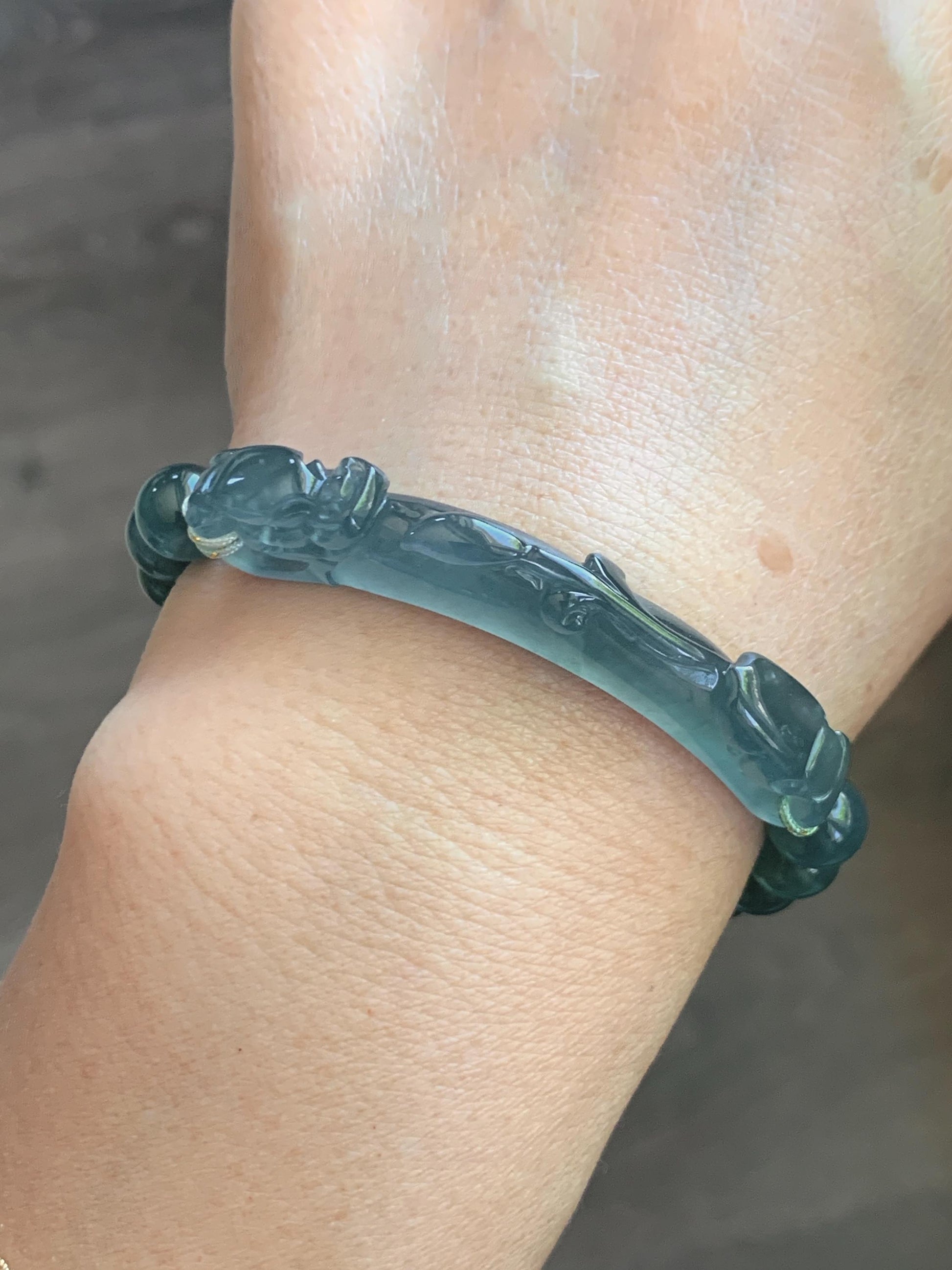 Natural Grade A Guatemalan Icy Translucent Dark Teal Blue Teal Green Jade Jadeite Dragon Hook Cuff Beaded Bracelet 7" 天然冰危蓝绿龙钩手牌手串 WLG253B