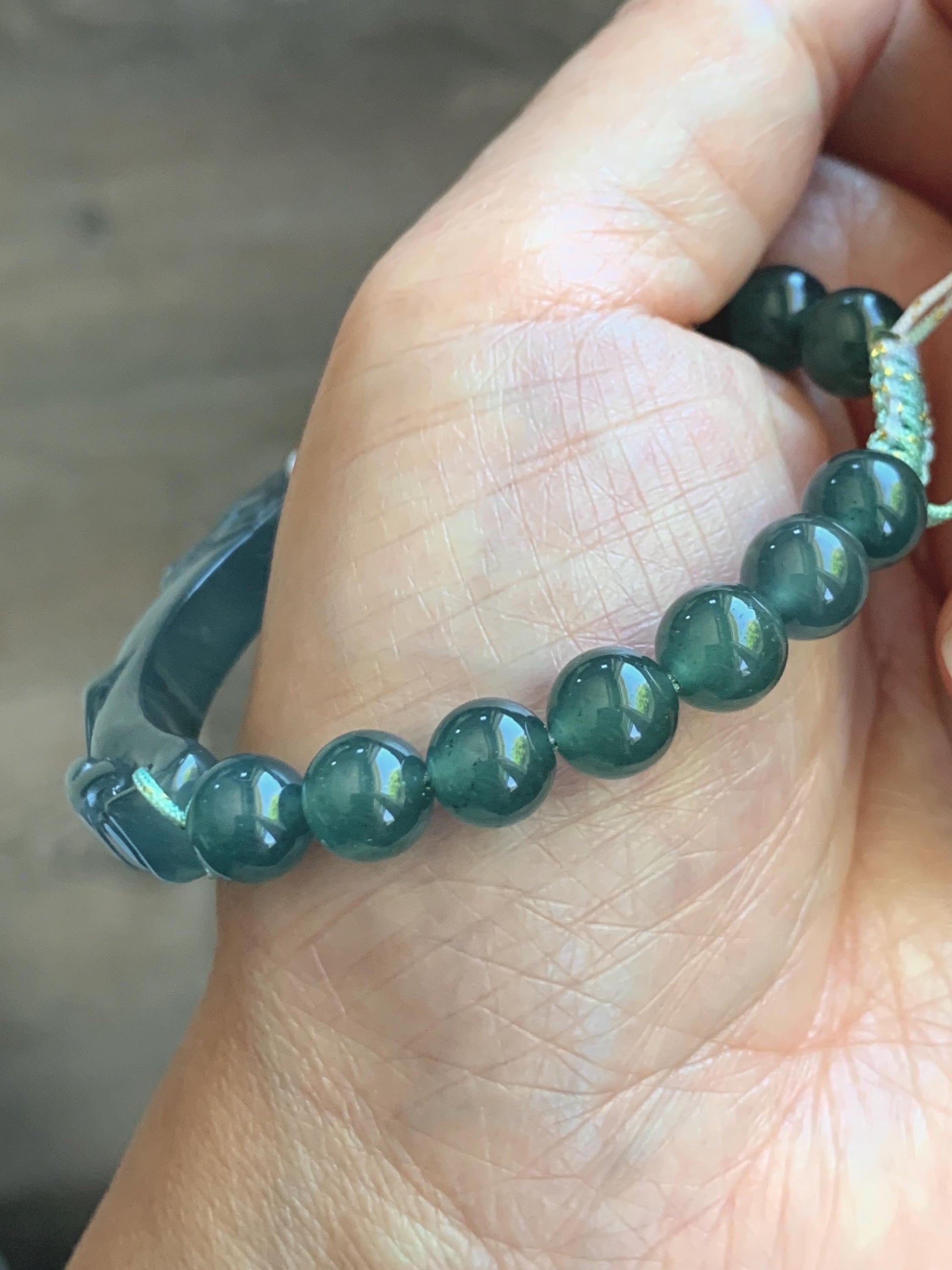 Natural Grade A Guatemalan Icy Translucent Dark Teal Blue Teal Green Jade Jadeite Dragon Hook Cuff Beaded Bracelet 7" 天然冰危蓝绿龙钩手牌手串 WLG253B